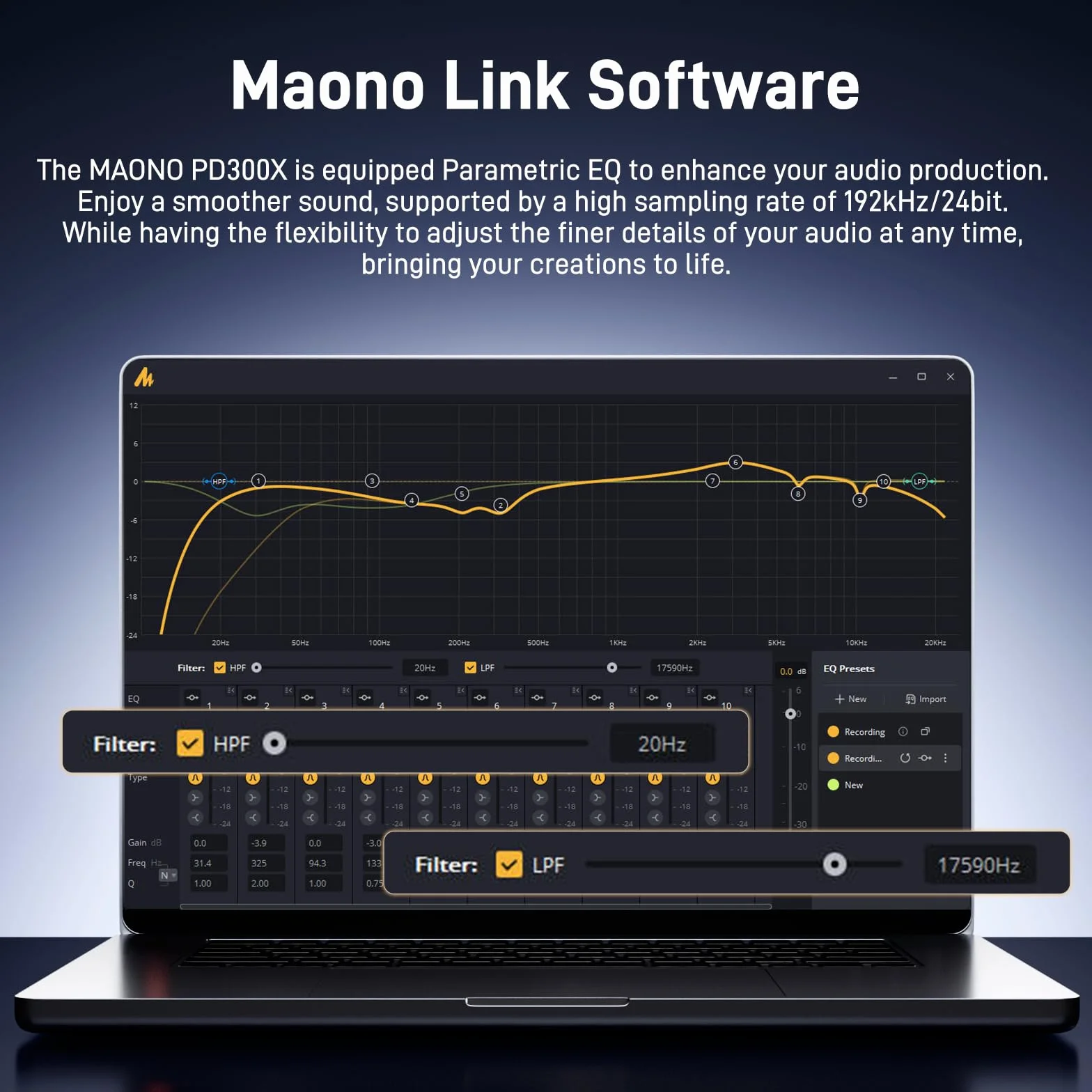 MAONO Microphone PD300X pour Podcast - Micro Professionnel XLR/USB, Hi-FI 192 kHz/24 Bit, réduction du Bruit, Logiciel Link, idéal pour Le podcasting et Les enregistrements vocaux en Studio.