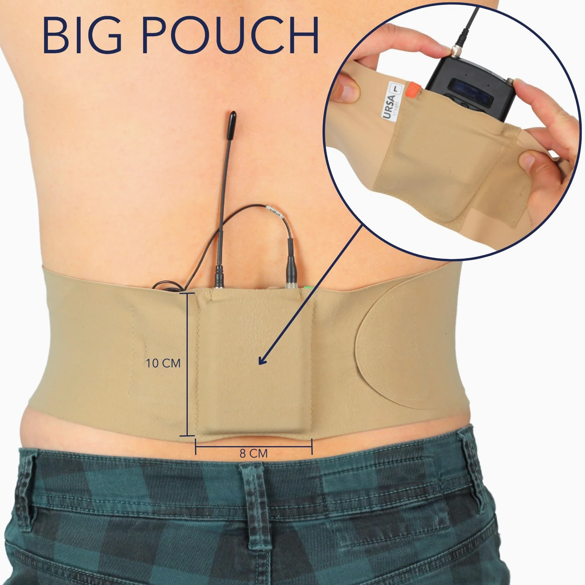 URSA Waist Strap - Sangles d'émetteur de microphone ultra fines, respirantes et extensibles. Compatible avec la plupart des émetteurs/récepteurs (beige, taille moyenne, grande pochette)