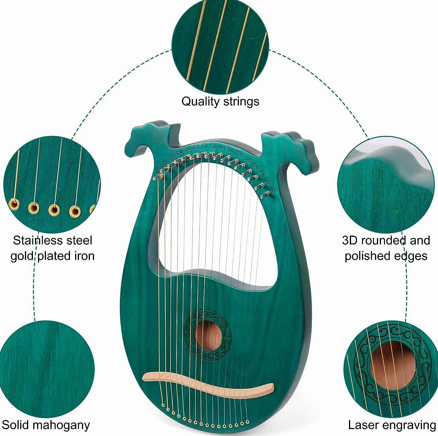 Lyre Harpe 16 Cordes Métalliques en Acajou Petite Harpe Portable Harpe Lyre Métal Selle avec Clé de Réglage et Housse Noire, Vert, Bois de Cerf