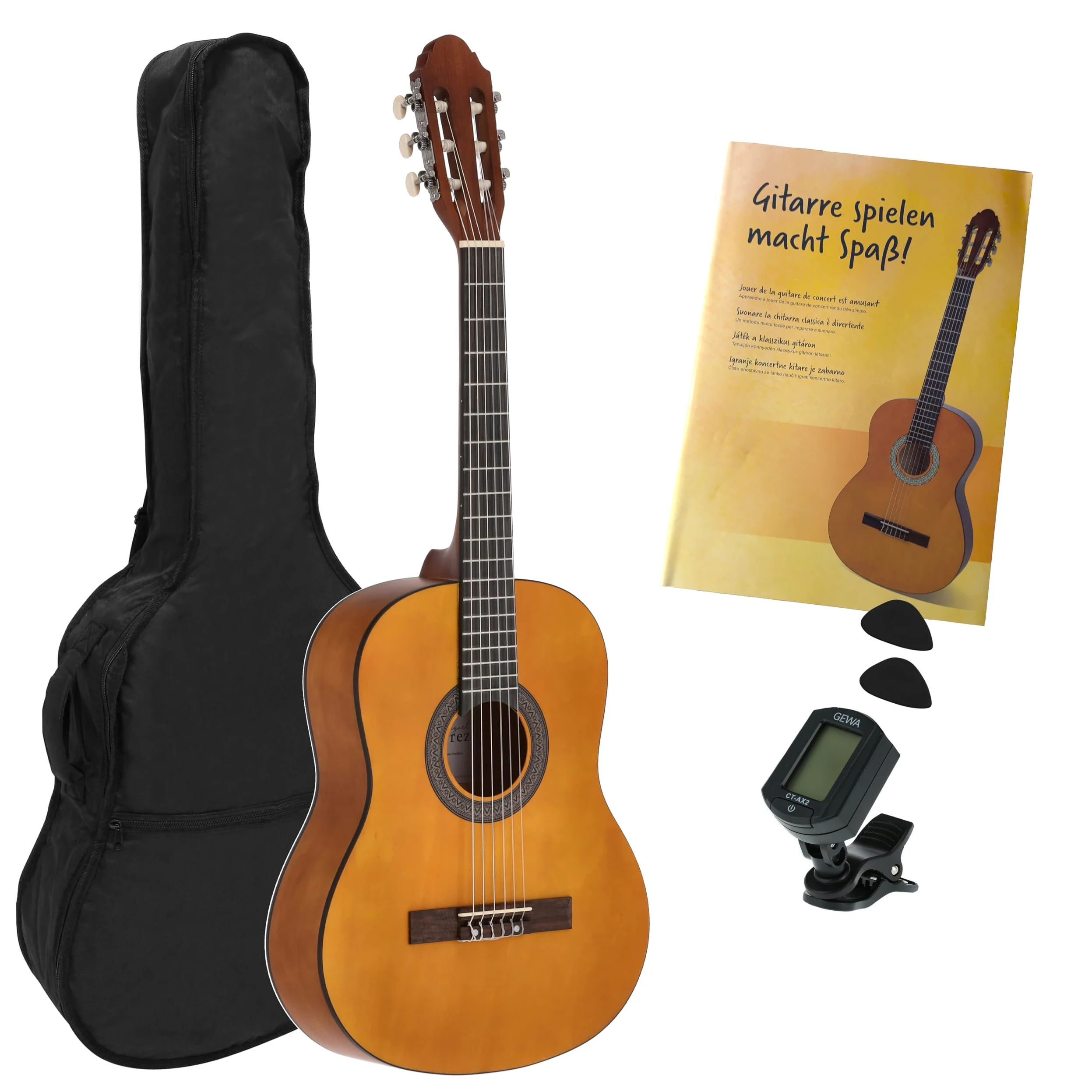 guitare de concert - guitare classique - 3/4 honey - couleur naturelle - Starter Set - incl. housse, médiadors, livre, accordeur