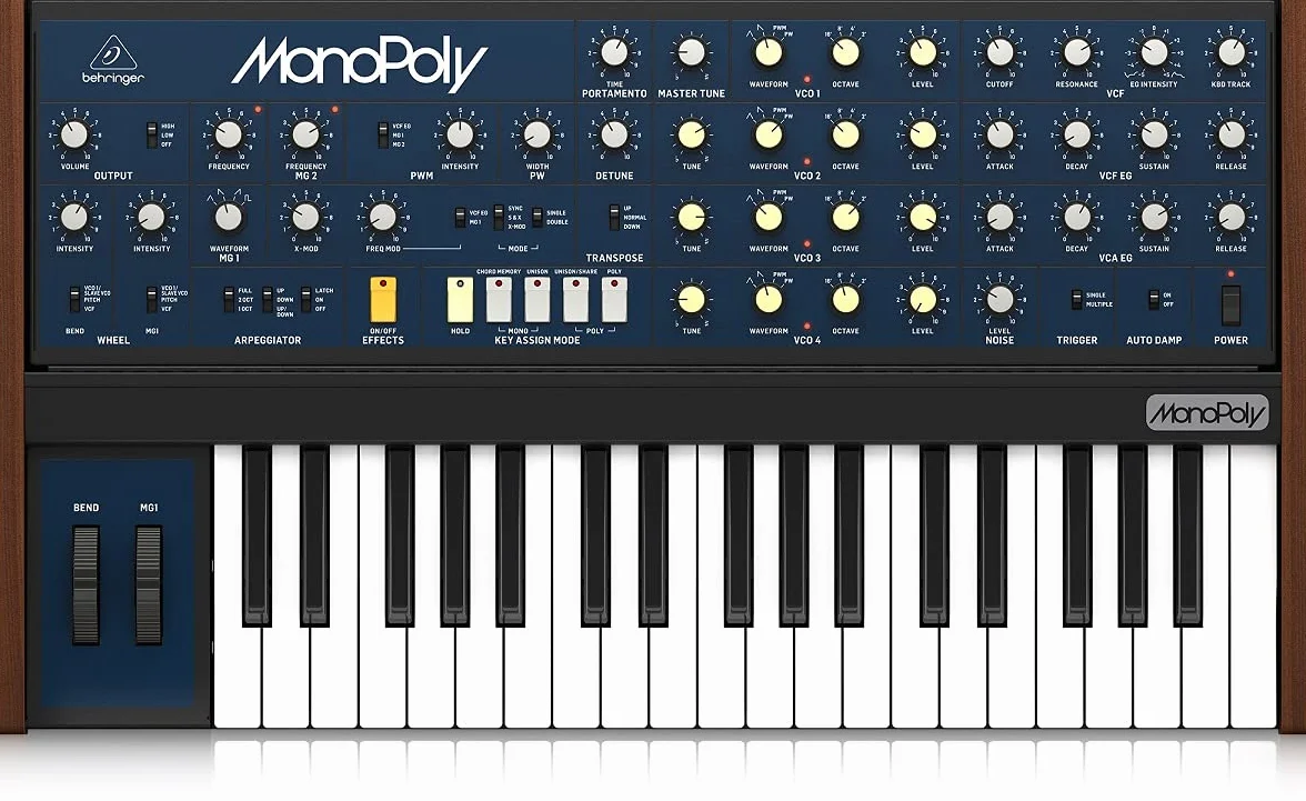 Behringer MONOPOLY Synthétiseur polyphonique analogique 4 voix avec 37 touches pleine taille, 4 VCO, VCF, 2 LFO, 2 enveloppes, synchronisation et modulation croisée et arpégiateur