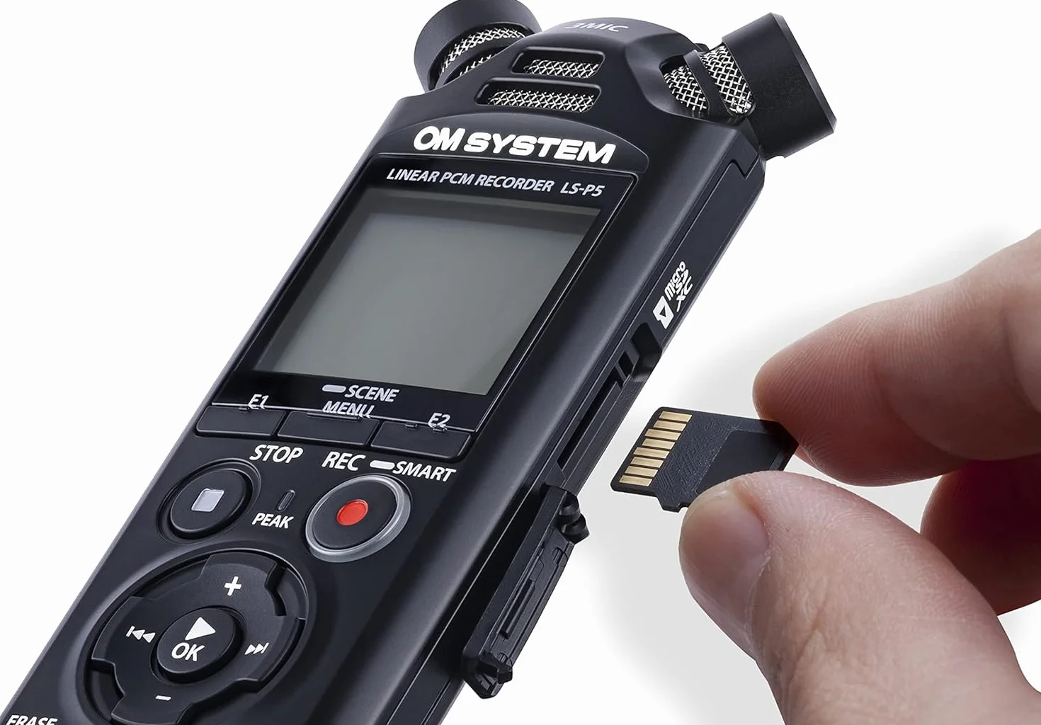 OM SYSTEM LS-P5 Enregistreur audio haute résolution avec système Tresmic II à 3 microphones, contrôle directionnel large, Bluetooth pour écouter via un casque et commande via un smartphone, 16 GB, 37h