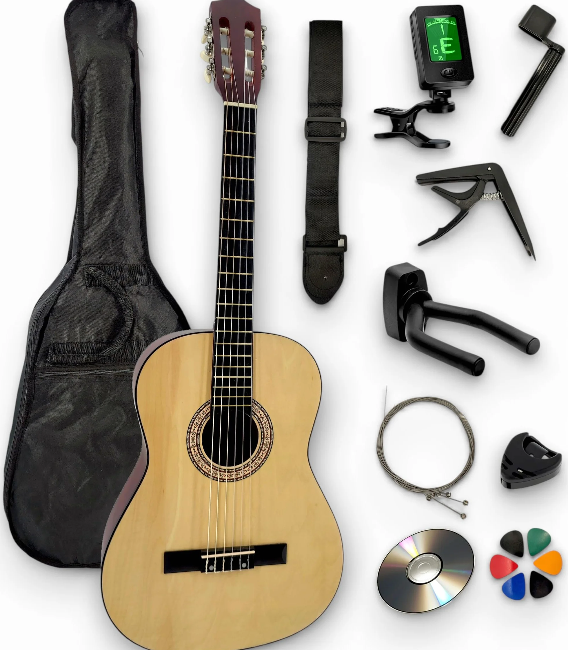 AMBRE - Pack Guitare Classique Gaucher + 10 Accessoires + CD & Cours Vidéo – Cordes Nylon, Livrée Accordée (Naturel, 4/4, Gaucher)