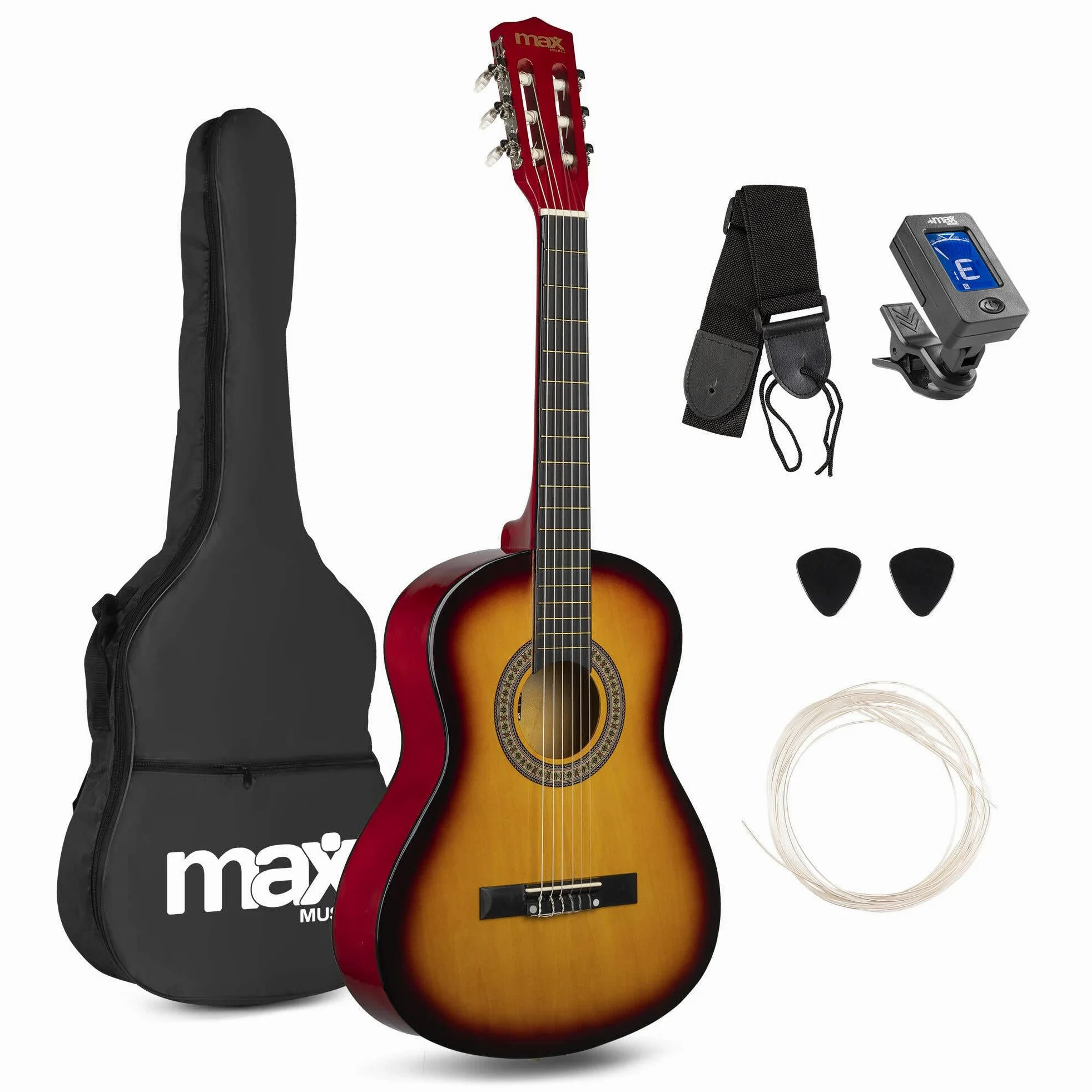 Max SoloArt Pack Guitare Classique Junior 3/4 - Sunburst, Cordes en Nylon, 8 à 12 ans, Sac de Transport, Médiators, Sangle, Support Guitare, un Cadeau pour Enfants Idéal pour Débuter la Guitare