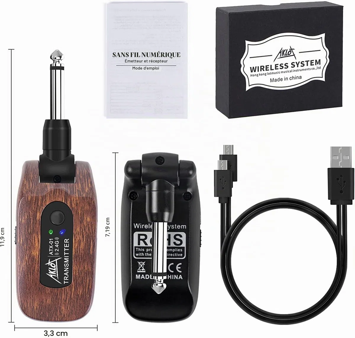 AKLOT Système de Guitare sans Fil Émetteur Récepteur Ensemble de 2,4 GHz de Batterie au Lithium Rechargeable intégrée numérique pour Basse de Guitare électrique