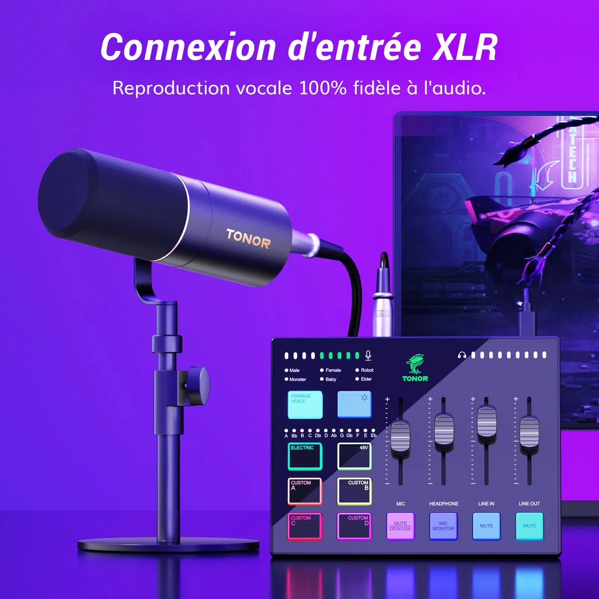TONOR Gaming Audio Mixer, RGB Audio Interface avec Canal XLR et 6,35 mm pour Gaming, Streaming, Podcasting, Studio Création de Contenu, Commandes de Volume Indépendantes, Entrée D'instrument, TX310
