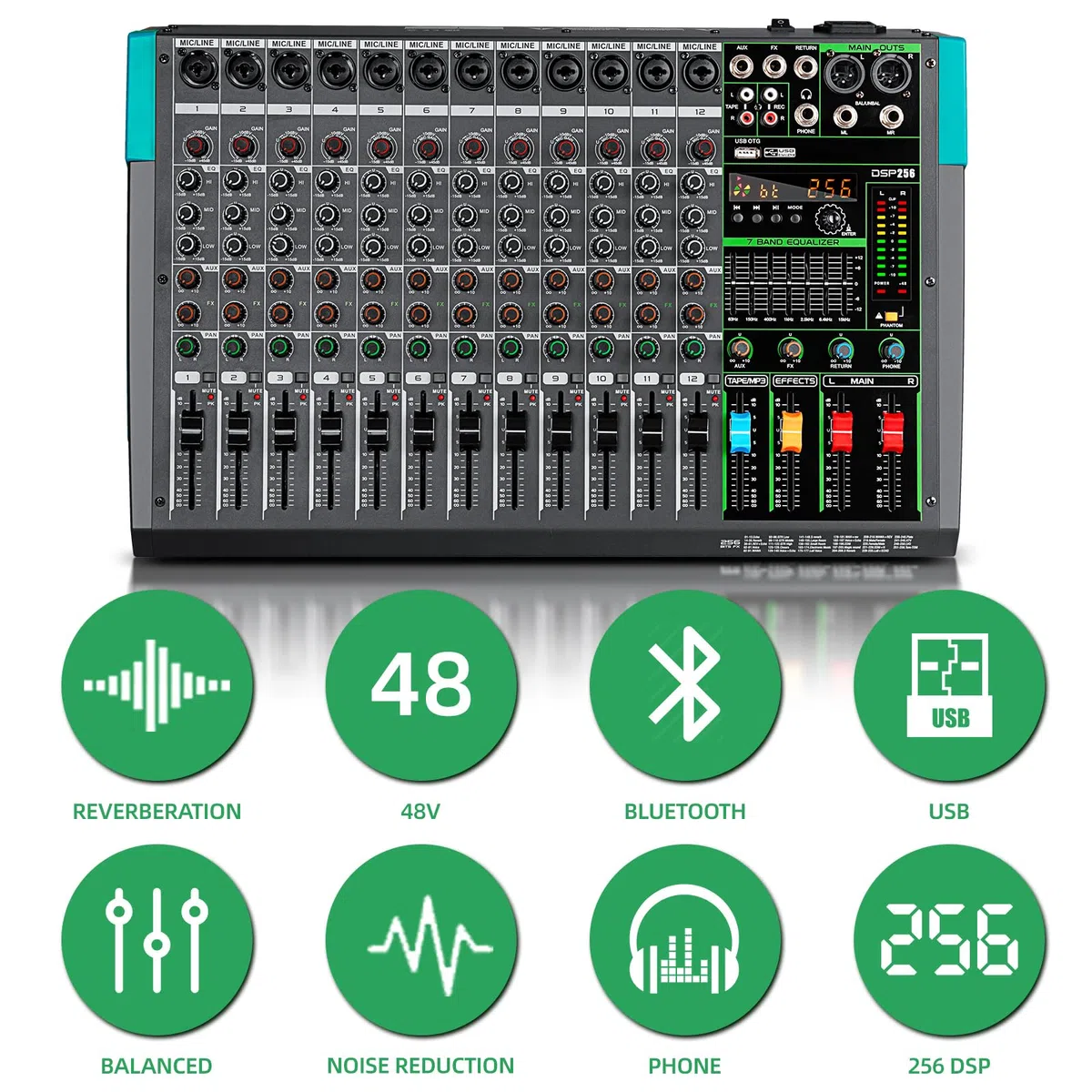 Depusheng PA12 Table de mixage professionnelle 12 canaux Contrôleur DJ avec 256 effets DSP Entrée Bluetooth Lecteur USB Alimentation fantôme 48V