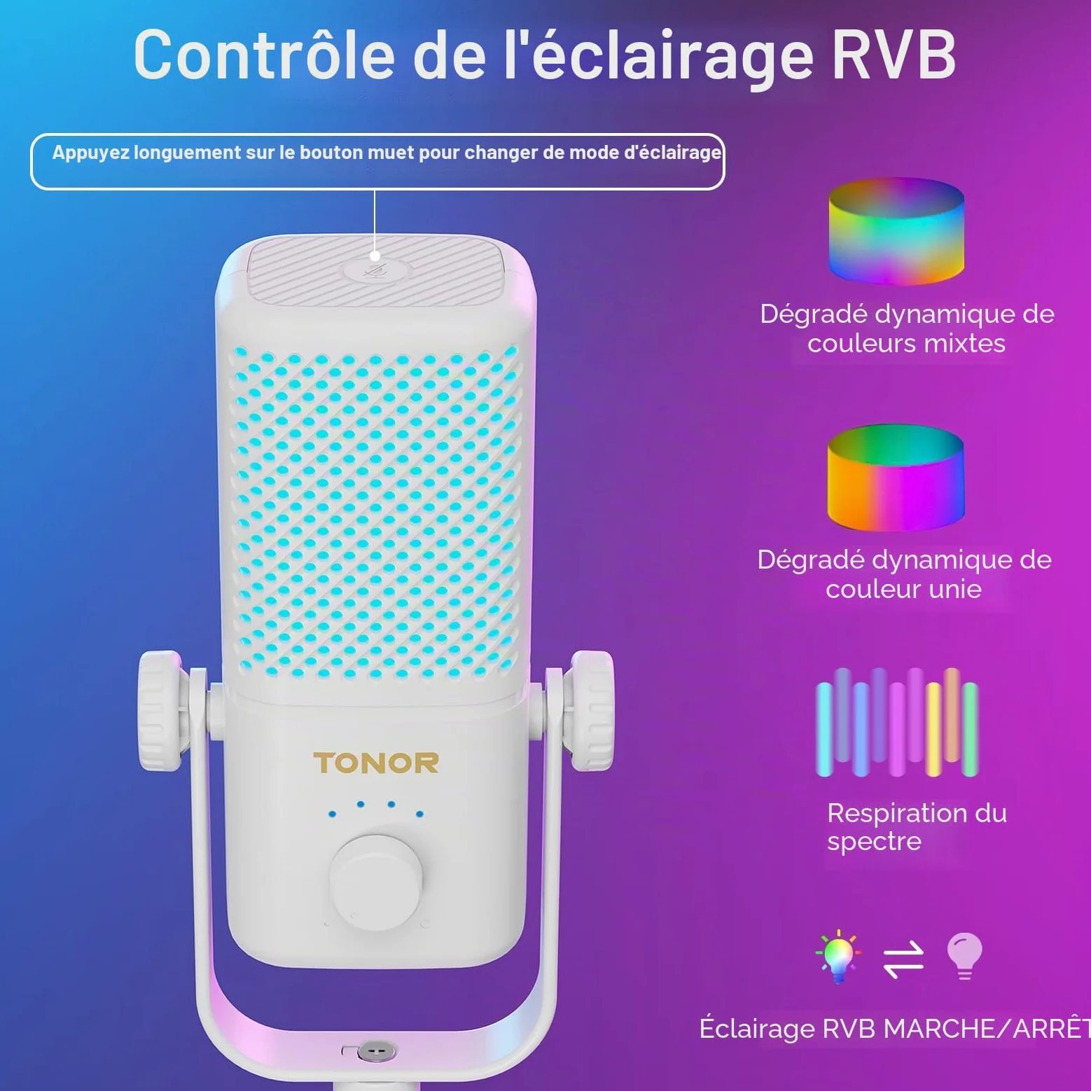 TONOR Micro Gaming Compatible avec Xbox, Microphone de Streaming à Condensateur RGB avec Autonomie de Batterie de 30 Heures, Coupure du Son en Un Clic, Compatible avec Xbox, Blanc, 200cm,TCX3