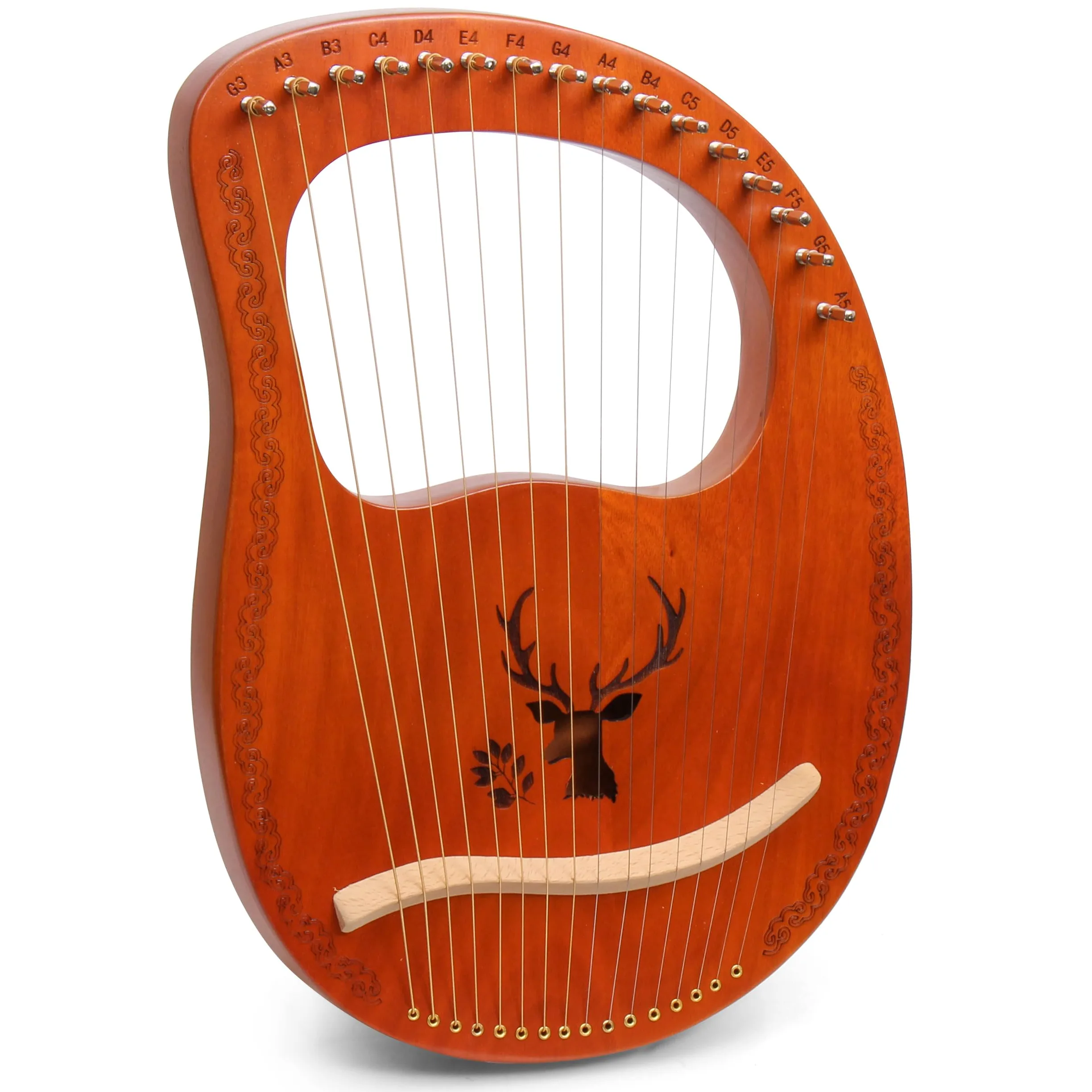 Lyre Harpe 16 Cordes Métalliques en Acajou Petite Harpe Portable Harpe Lyre Métal Selle avec Clé de Réglage et Housse Noire, Marron, Motif d'élan