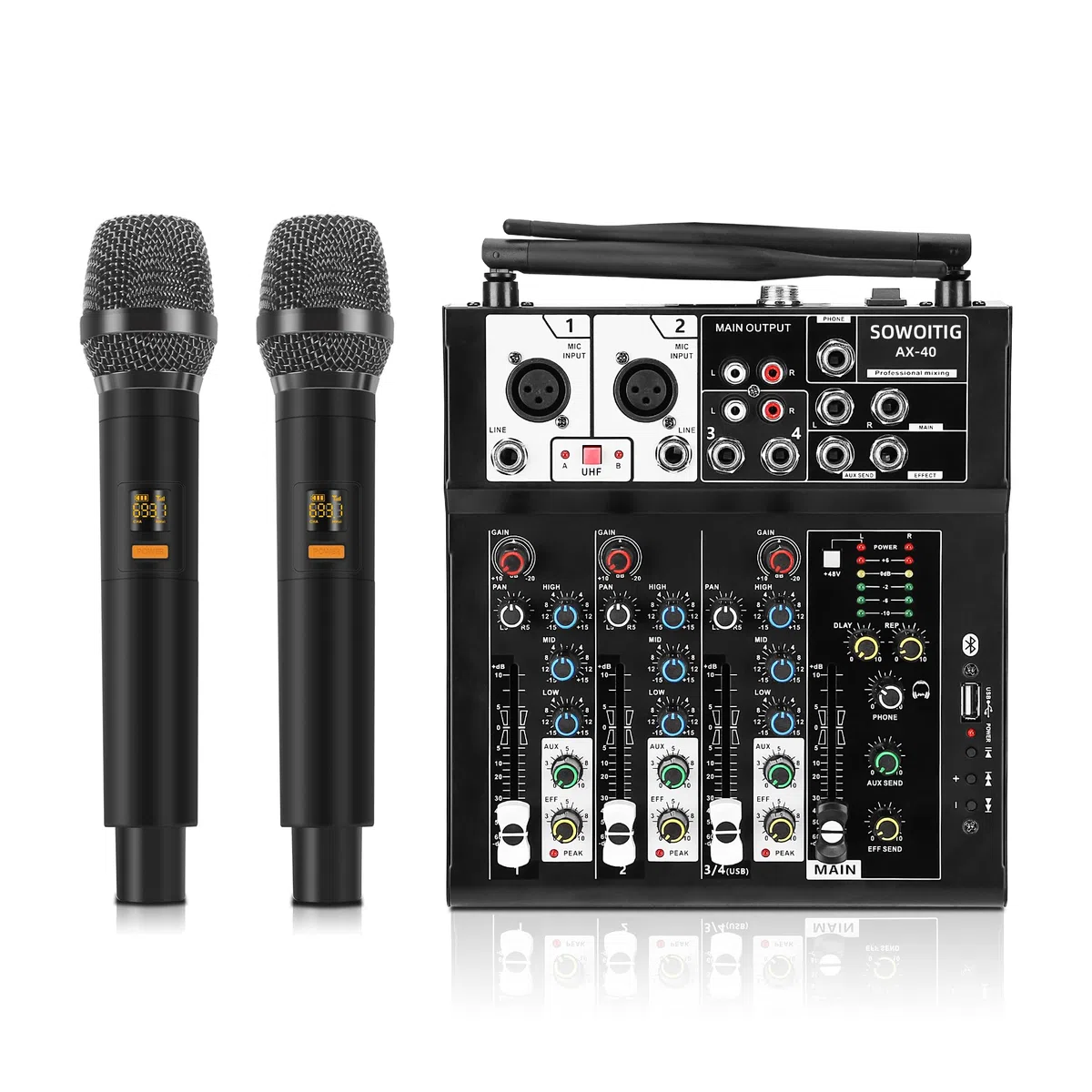 Table de mixage karaoké avec 2 microphones sans fil, table de mixage audio 4 canaux DJ, console de son, microphone sans fil, avec Bluetooth, port USB, alimentation fantôme 48 V pour