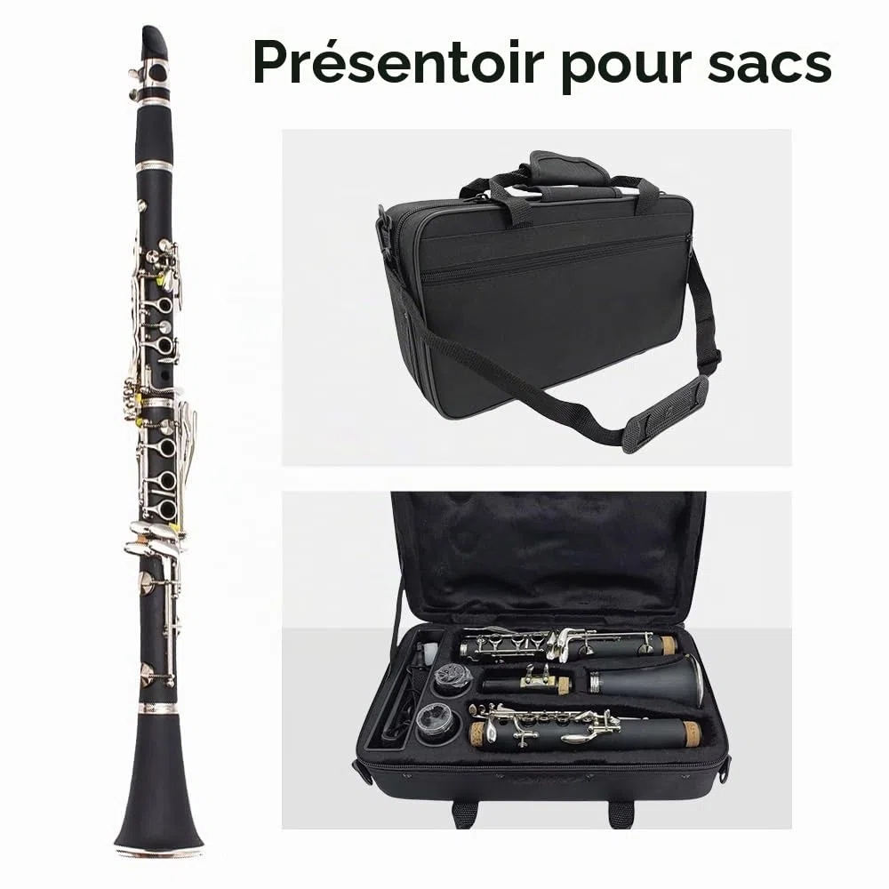 Yinfente Clarinette en Si Bémol pour Débutants et Étudiants, Noir, Ébonite, avec Étui de Clarinette, Kit de Nettoyage, Pie-Bouche, Graisse de Liège, 17 Touches, Standard