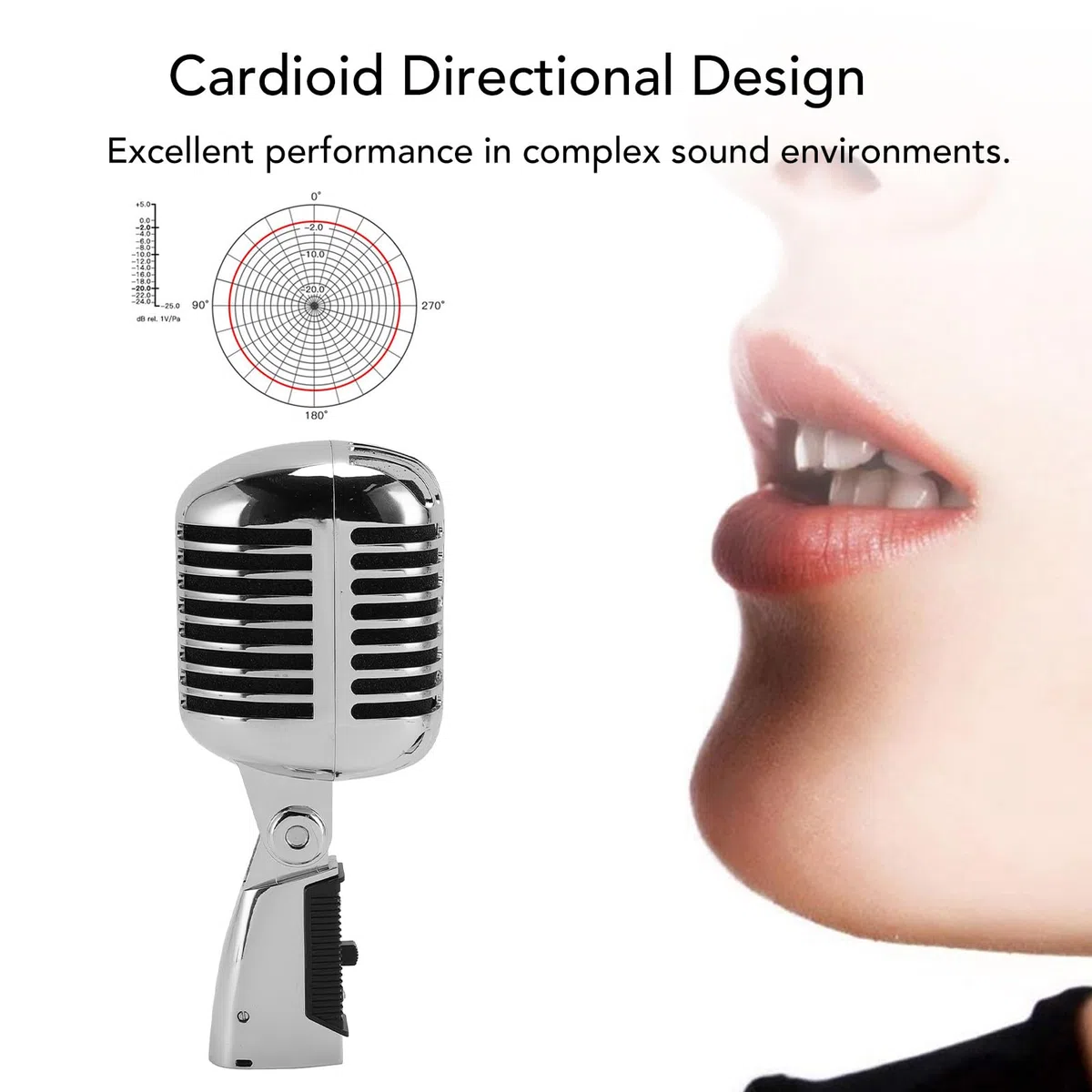 Microphone Vintage, Microphone Professionnel pour le Chant, Support Rotatif à Tension Automatique en Alliage de Zinc, Microphone Vocal Dynamique Rétro (SILVER)