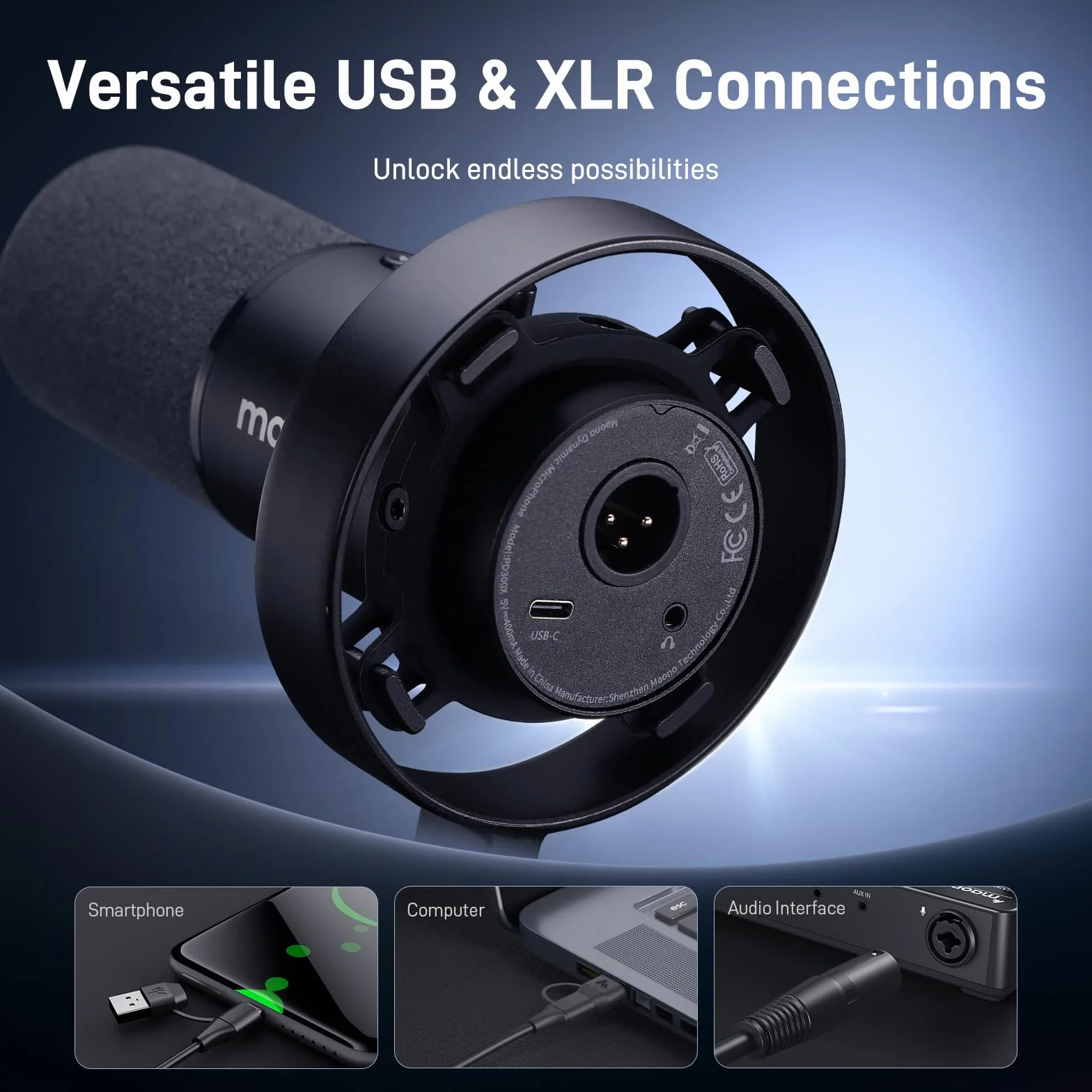 MAONO Microphone PD300X pour Podcast - Micro Professionnel XLR/USB, Hi-FI 192 kHz/24 Bit, réduction du Bruit, Logiciel Link, idéal pour Le podcasting et Les enregistrements vocaux en Studio.