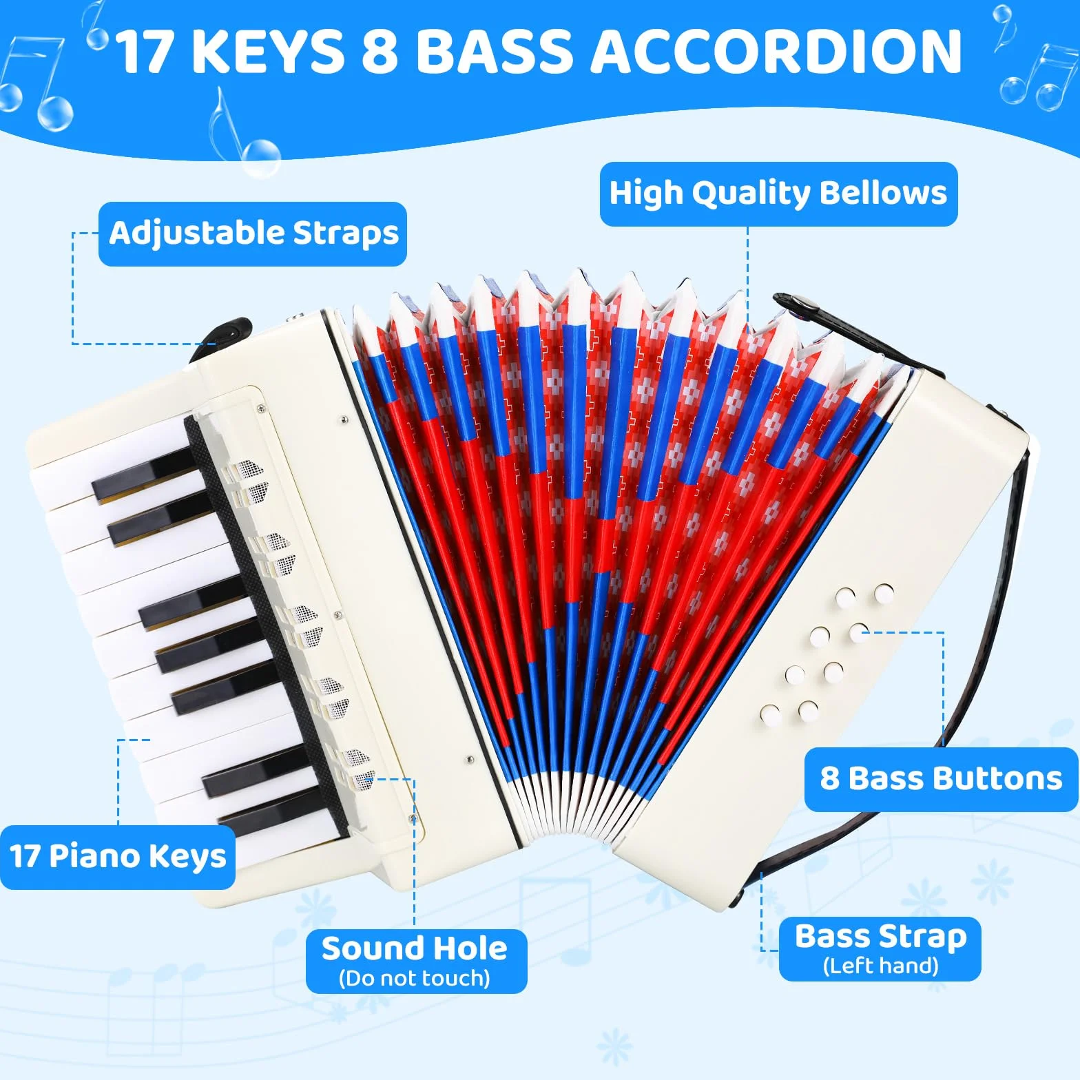 Accordéon pour Enfants,17 Touches 8 Basses,Accordéon Diatonique avec sangles réglables,Accordéons pour adultes et enfants à partir 3 ans,instrument musique harmonica,cadeau pour débutants,Blanc