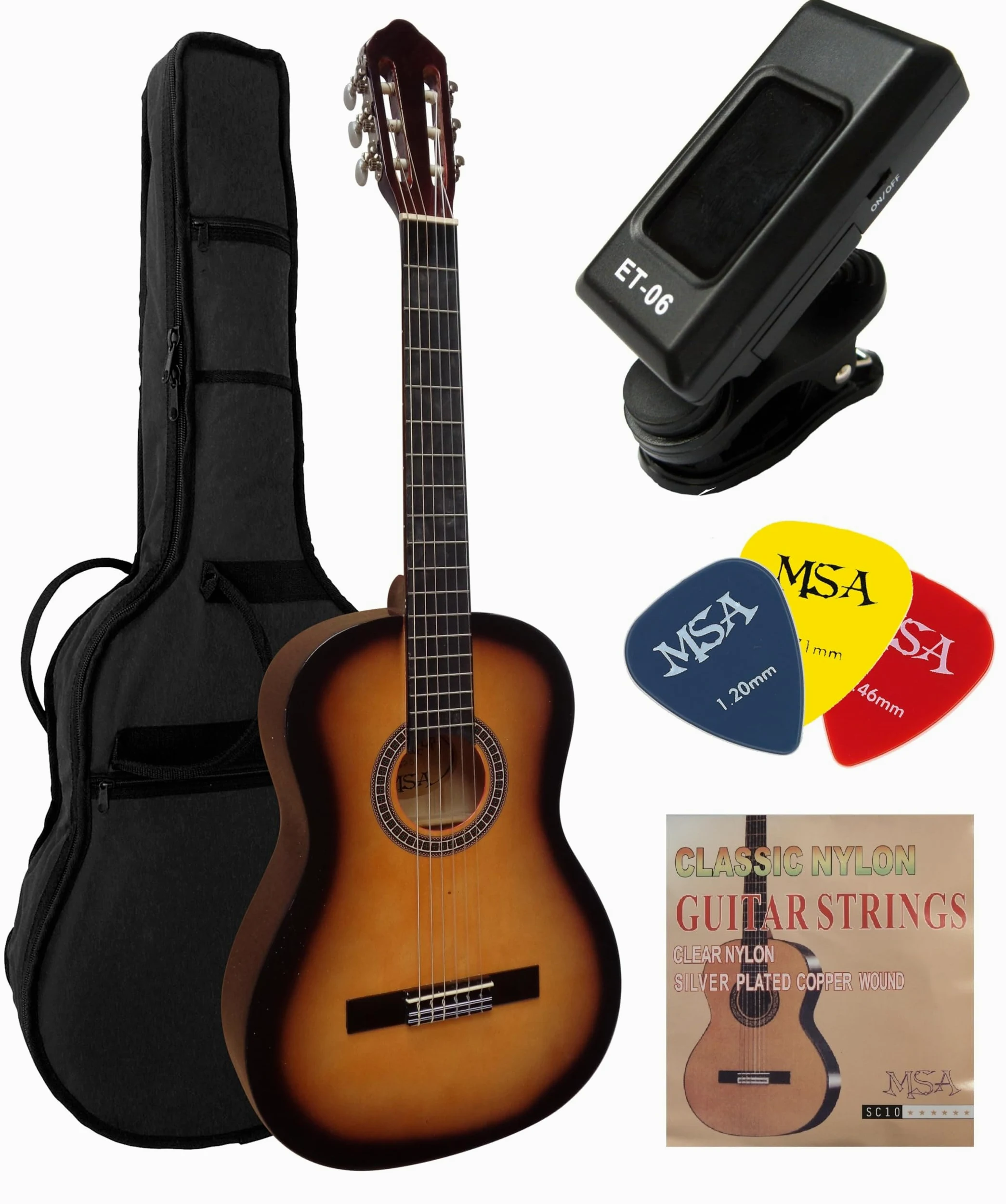 4/4 guitare classique maron sunburst avec accessoire, set sac, cordes, plectre, accordeur