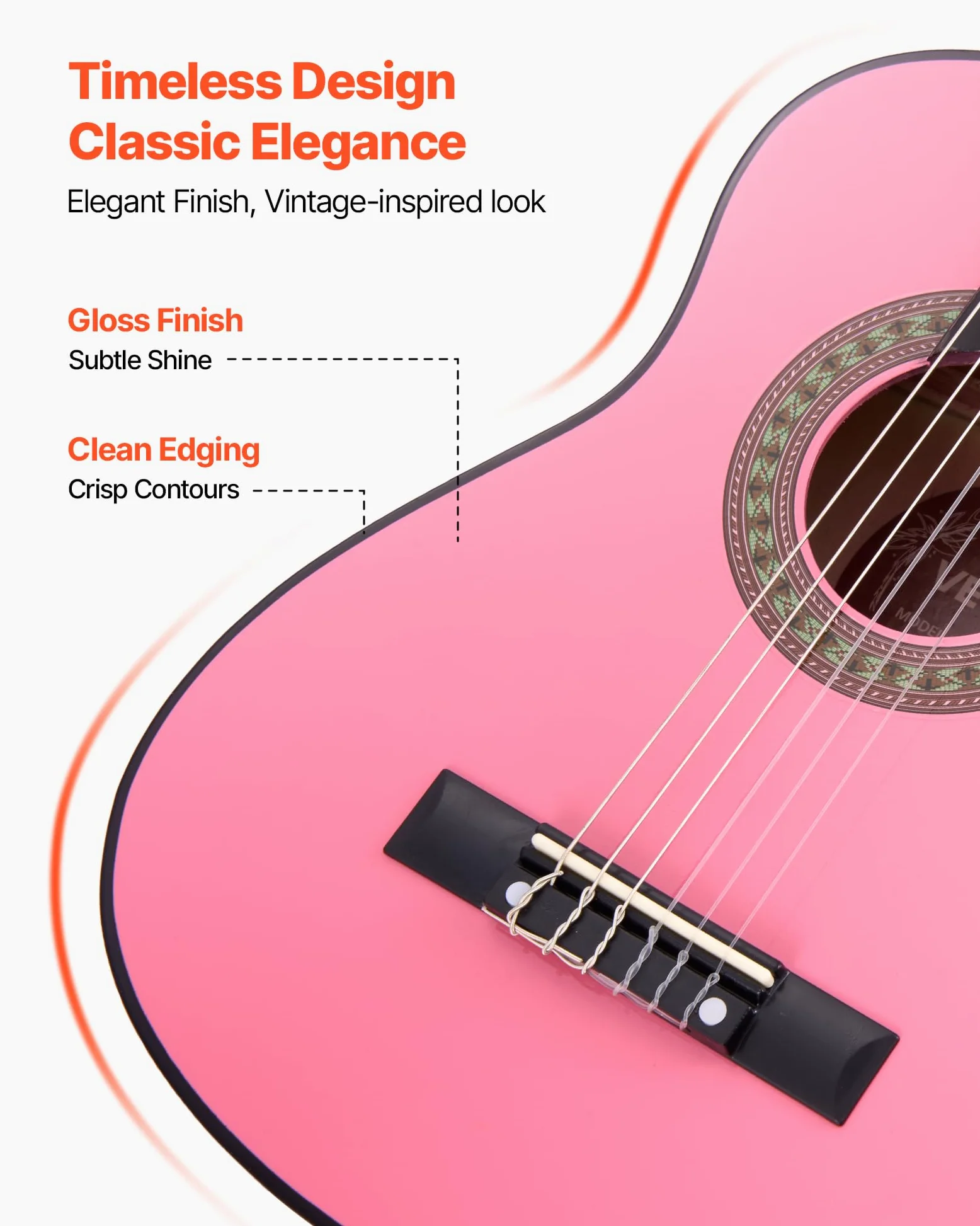 VEVOR Guitare Classique Débutants, 78 cm, avec Cordes en Nylon, Housse de Transport, Sangle, Accordeur, Cordes Supplémentaires, Médiators, Capodastre, en Tilleul, pour Jeunes Enfants Musiciens, Rose