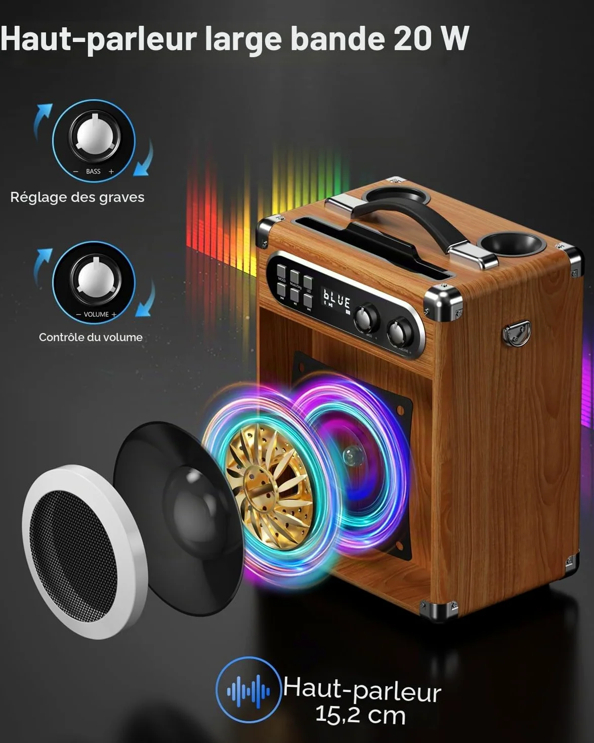 Machine de karaoké Portable, karaoké Professionnel avec 2 Microphones sans Fil UHF, système PA avec Lampe DJ, idéal pour karaoké Familial, fêtes de Chant, fêtes, Mariages (Bois)