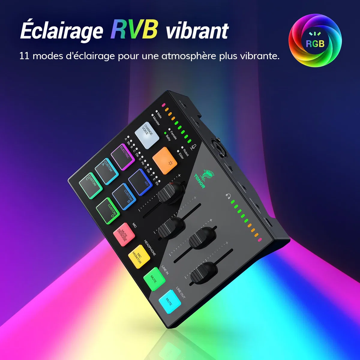 TONOR Gaming Audio Mixer, RGB Audio Interface avec Canal XLR et 6,35 mm pour Gaming, Streaming, Podcasting, Studio Création de Contenu, Commandes de Volume Indépendantes, Entrée D'instrument, TX310