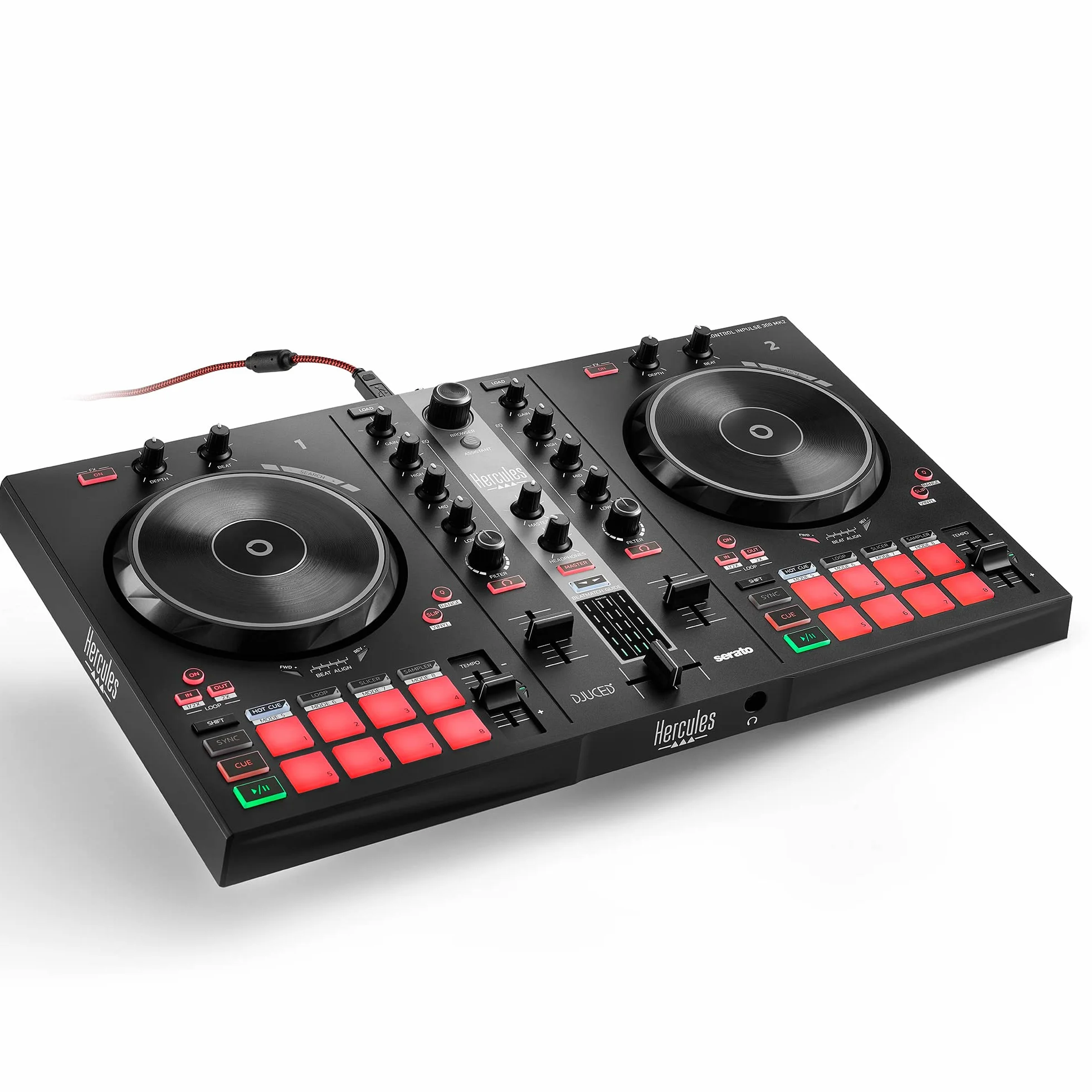 Hercules DJControl Inpulse 300 MK2 – Contrôleur DJ USB 2 Voies pour Débuter – Inclus Serato DJ Lite & DJUCED – Fonction Beatmatch Guide – 16 Pads & Carte Son Intégrée – Noir