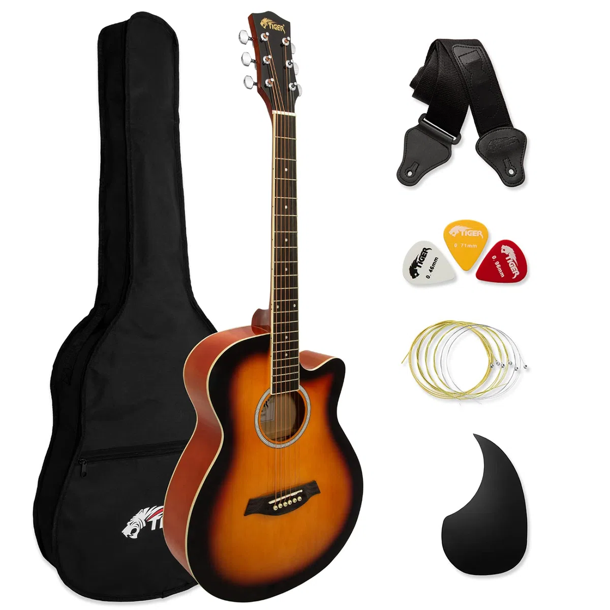 TIGER – Kit guitare acoustique, corps réduit, dégradé sunburst | ACG3-SB guitare pleine taille avec housse, sangle & cordes, cordes acier, idéale débutants