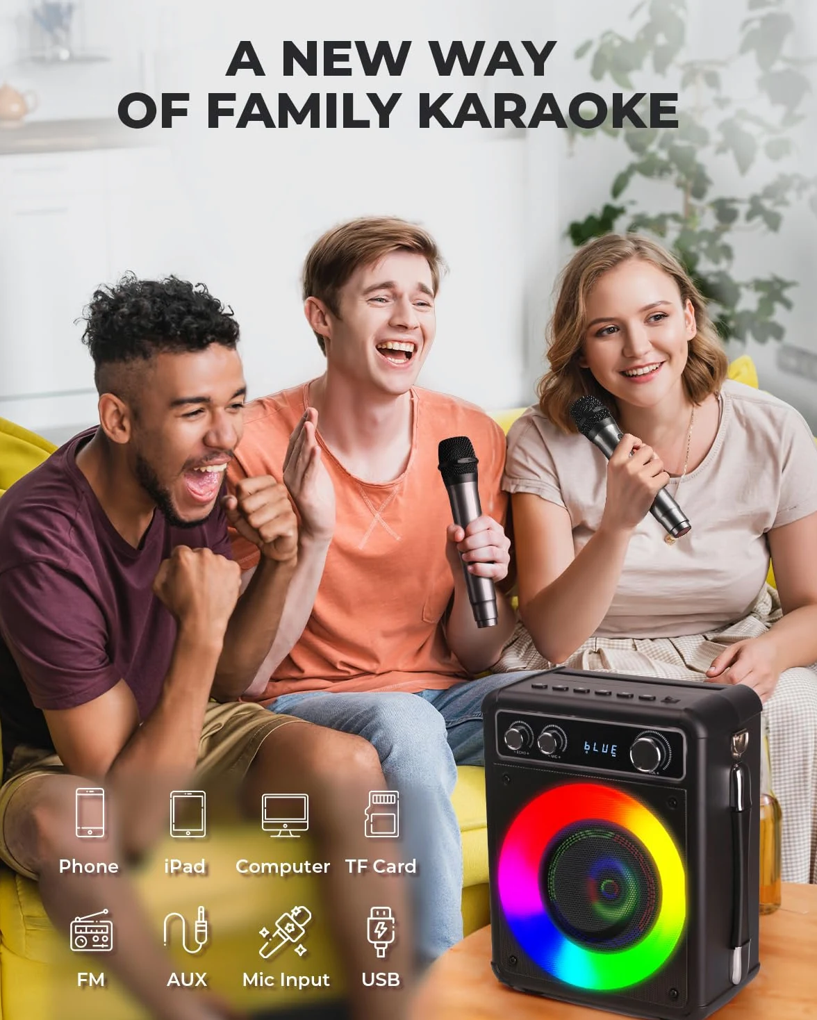 BONAOK Machine Karaoké, Système Karaoké Bluetooth avec 2 Microphones, Machine Karaoké Rechargeable, Boîte à Musique avec Effet Lumineux, Support TF USB pour Soirée à Domicile
