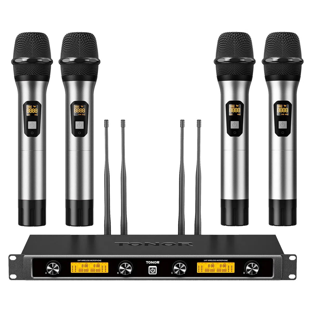 TONOR Système de Micros sans Fil avec 4x5 Canaux, Microphones à Main sans Fil en Métal, 4 Antennes pour Une Portée de 90m UHF, Signal Stable pour Le Chant, la Fête, l'église, Le Karaoké, Argent