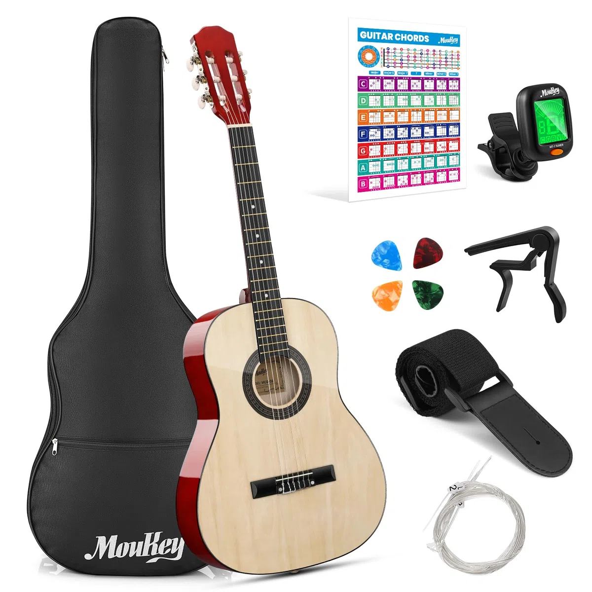 Moukey Guitare Acoustique 36 Pouces pour Débutants Enfants et Jeunes, guitare voyage Dreadnought 3/4 avec housse, accordeur, médiators, cordes nylon, capodastre et sangle
