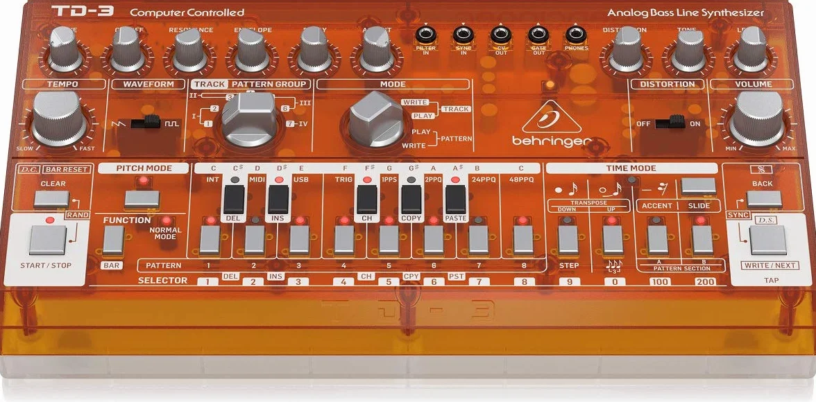 Behringer TD-3-TG Synthétiseur de ligne de basse analogique avec VCO, VCF, séquenceur 16 pas, effets de distorsion et chaîne poly 16 voix, compatible PC et Mac