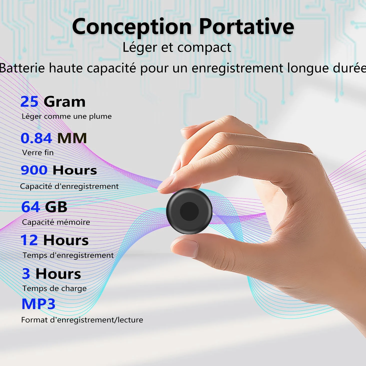 Enregistreur Vocal Espion, Rechargeable par USB, Mémoire 64 Go, Dictaphone Vocalet Activation, Dictaphone Enregistreur Vocal pour Cours, Réunions, Entretiens