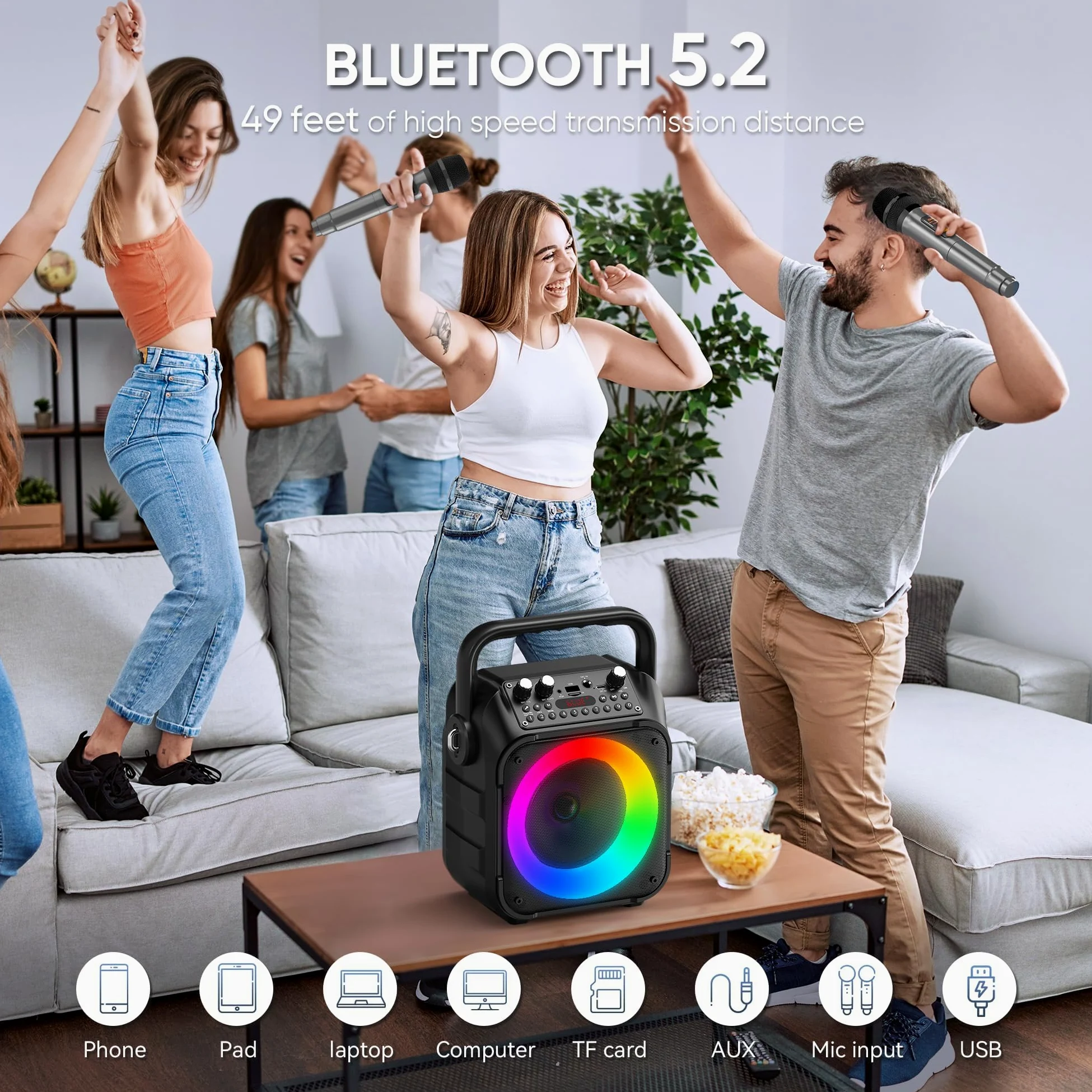 Karaoke Adulte, Haut-Parleur Bluetooth Portable Karaoke pour Adultes avec 2 Microphones sans Fil, Système PA pour Adultes et Enfants avec Lumières LED pour Les Fêtes (Noir)