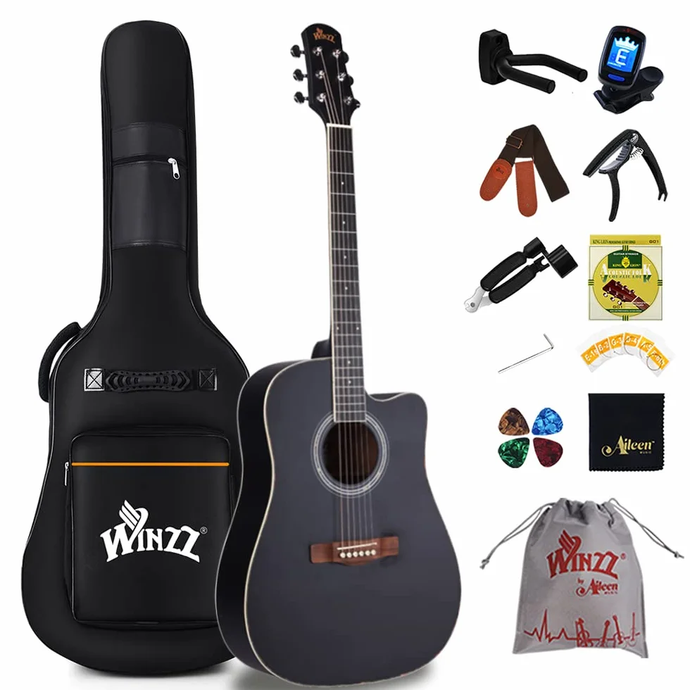 Winzz 41 Pouces Guitare Acoustique 4/4 Full Size pour les Adolescents Adultes Débutants Set, Noir Cutaway