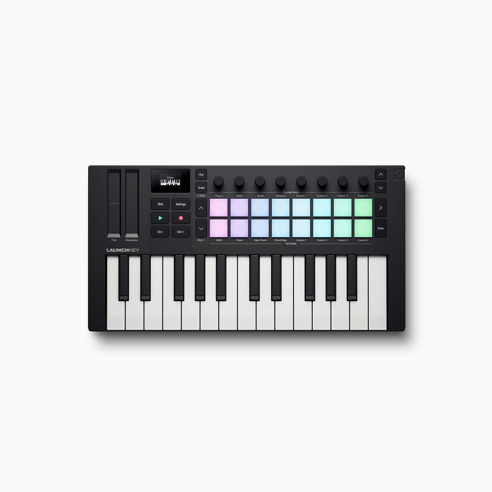 Novation Launchkey Mini 25 [MK4] — clavier maître MIDI USB portable de 25 mini-touches avec intégration aux STAN. Mode Chord, mode Scale et arpégiateur. Bundle de logiciels musicaux fourni.