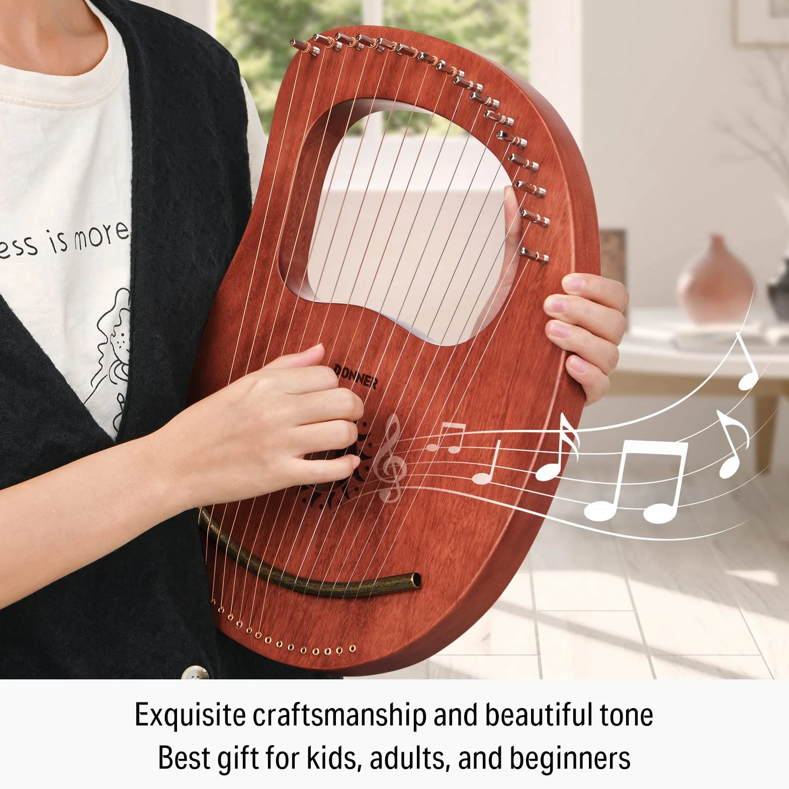 Donner Lyre Harpe Acajou 16 Cordes Métal Selle en os Dans le Style de la Grèce Antique avec Clé de réglage et Housse Noire, DLH-003