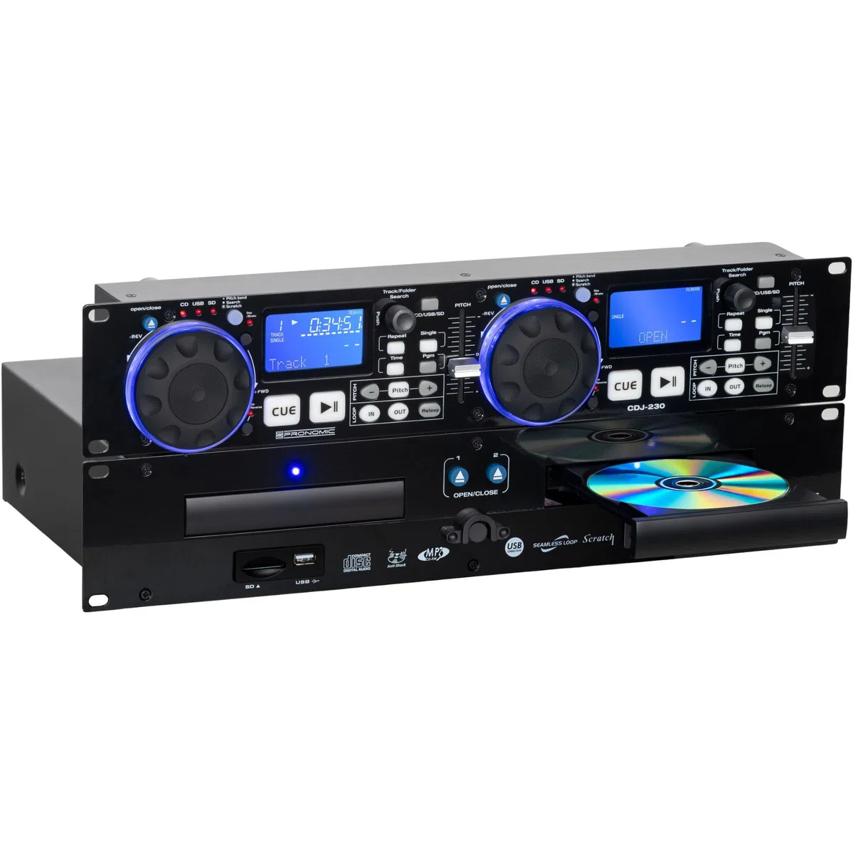 Pronomic CDJ-230 Double Lecteur CD DJ - Lecteur CD MP3 2 canaux avec contrôleur séparé, USB et SD, Pitch Bender, Effets DSP, Seamless Loop, Format Rack 19 Pouces, Noir