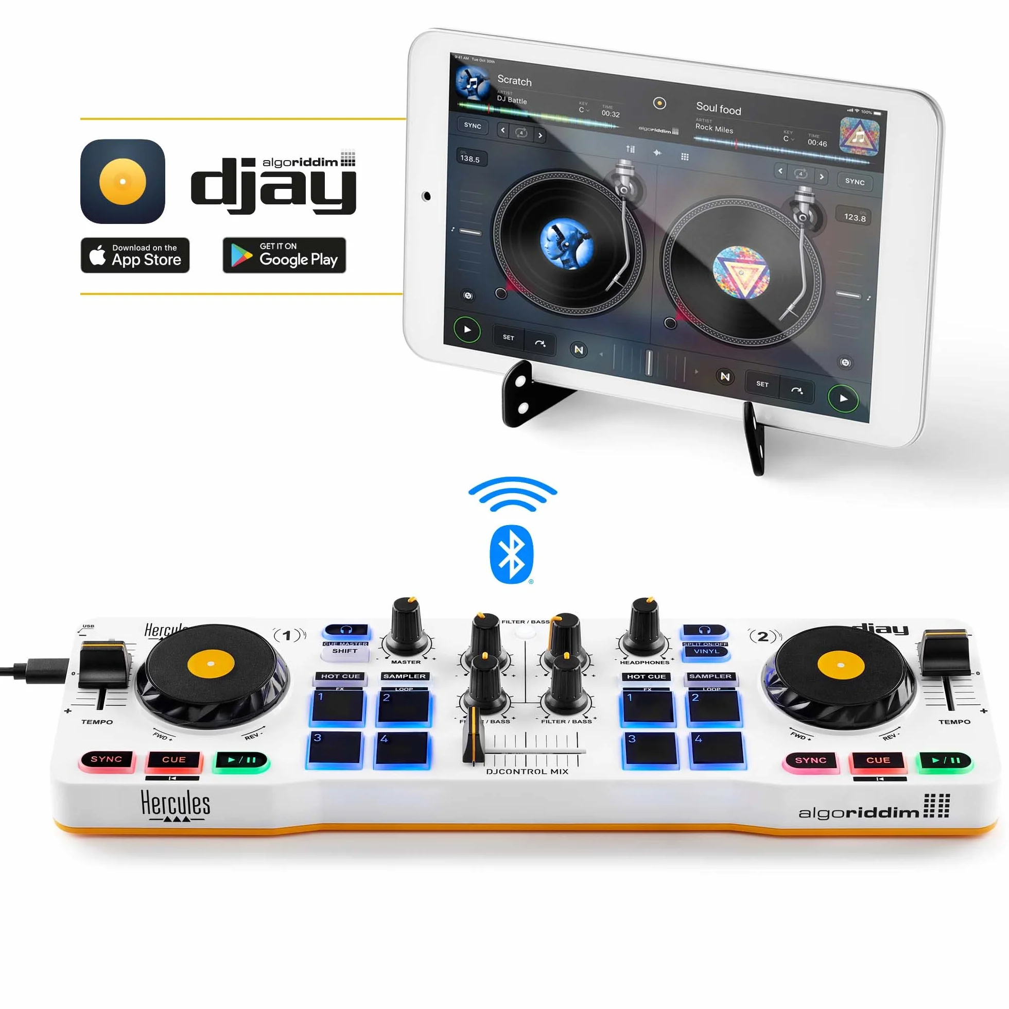 Hercules DJControl Mix – Contrôleur DJ Bluetooth sans fil pour Smartphones (iOS/Android) – Inclus Application djay, Support Mobile et Câble Splitter Audio – Ultra-compact & Portable – Blanc