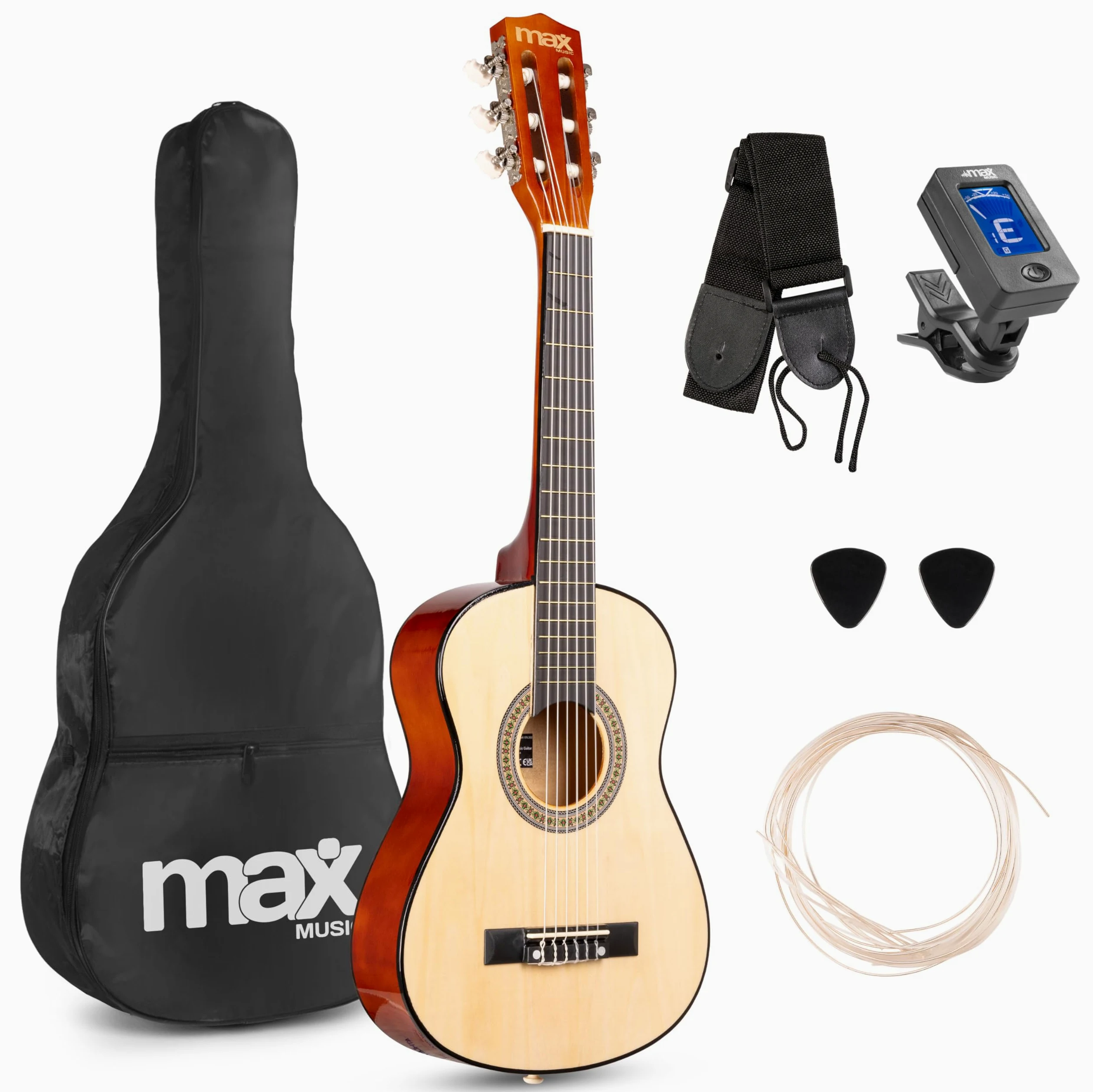 Max SoloArt Pack Guitare Classique Junior 1/4 - Bois Naturel Clair, Cordes en Nylon, 4 à 6 ans, Sac de Transport, Médiators, Sangle, un Cadeau pour Enfants Idéal pour Débuter la Guitare