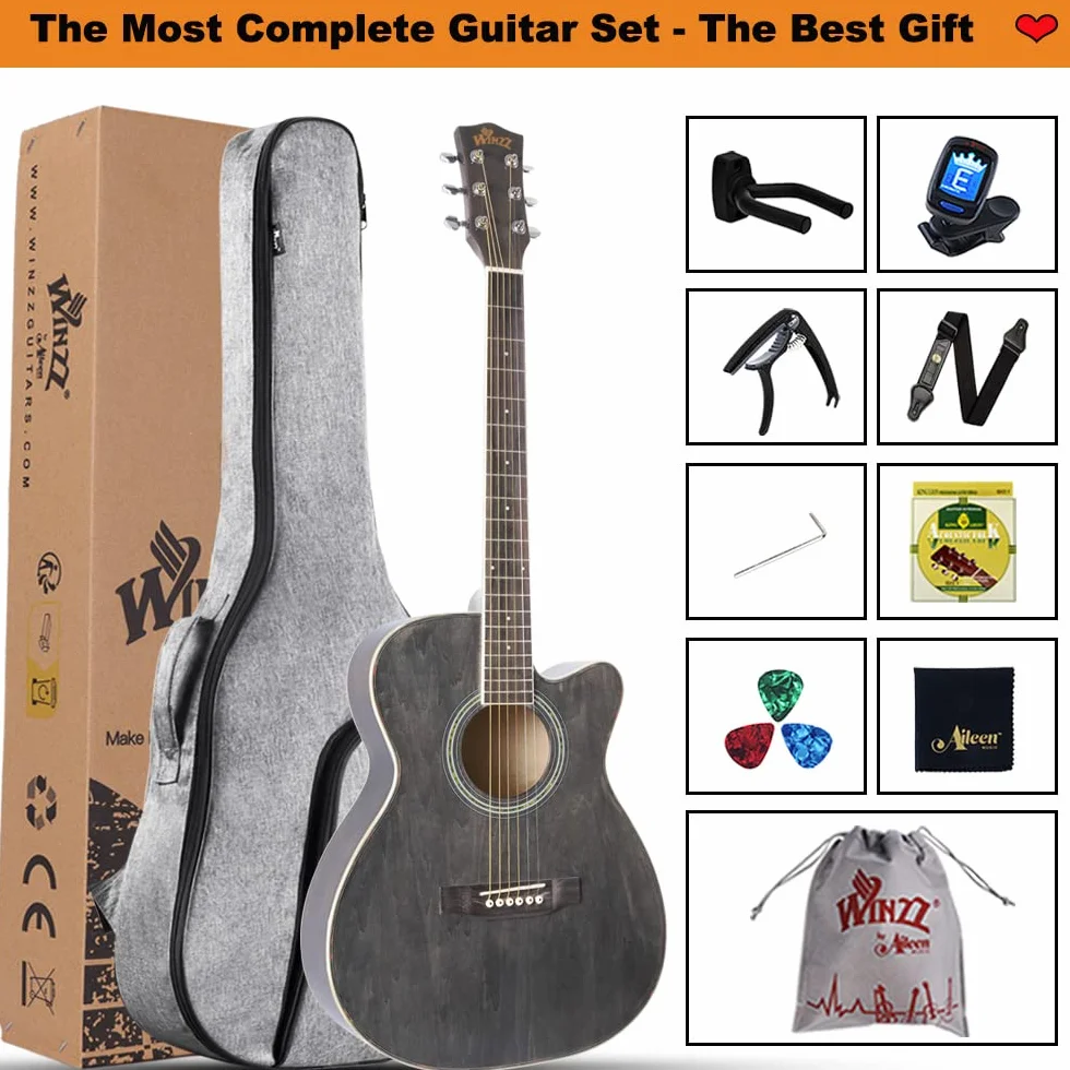 Winzz Guitare Enfant 3/4, Guitare Acoustique Adulte, Kit Guitar Folk pour Débutant 36 Pouces (Noir-gris, Cordes en acier)