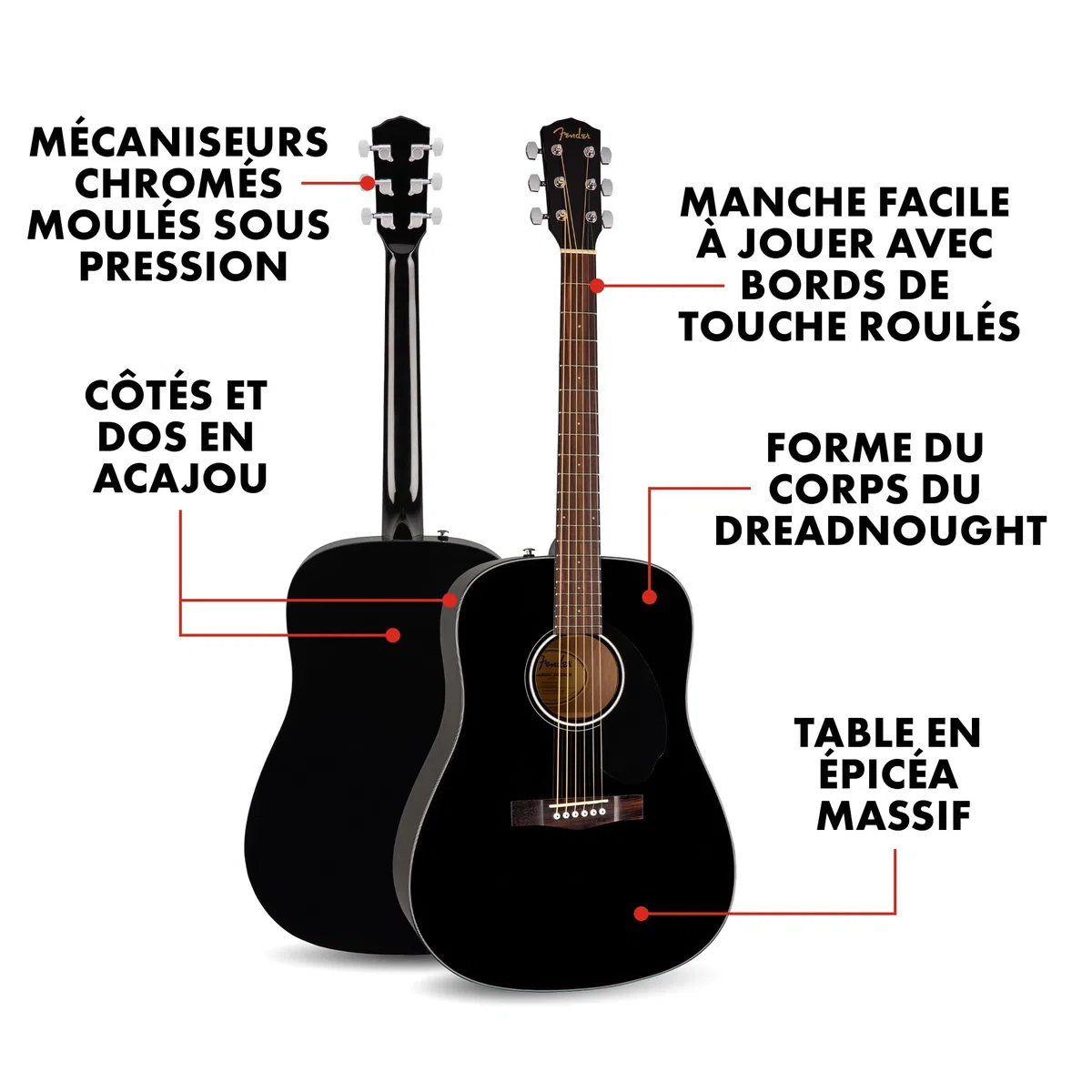 Fender CD-60S Dreadnought Guitare Acoustique, Touche en Noyer, Noir, Inclus des Cours Virtuels Gratuits sur Fender Play