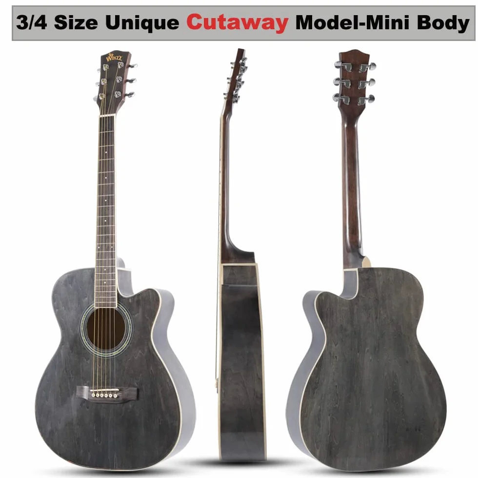Winzz Guitare Enfant 3/4, Guitare Acoustique Adulte, Kit Guitar Folk pour Débutant 36 Pouces (Noir-gris, Cordes en acier)