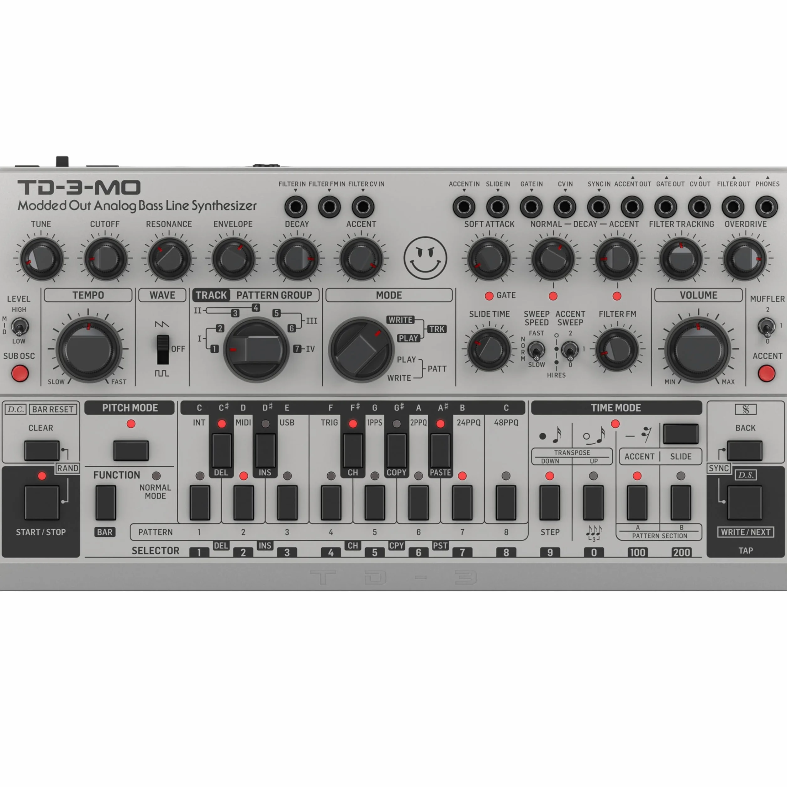 Behringer TD-3-MO-SR Analog Bass Line Synthesizer, 16-Step Sequencer, MIDI via USB, CV/Gate & Sync I/O, Silver