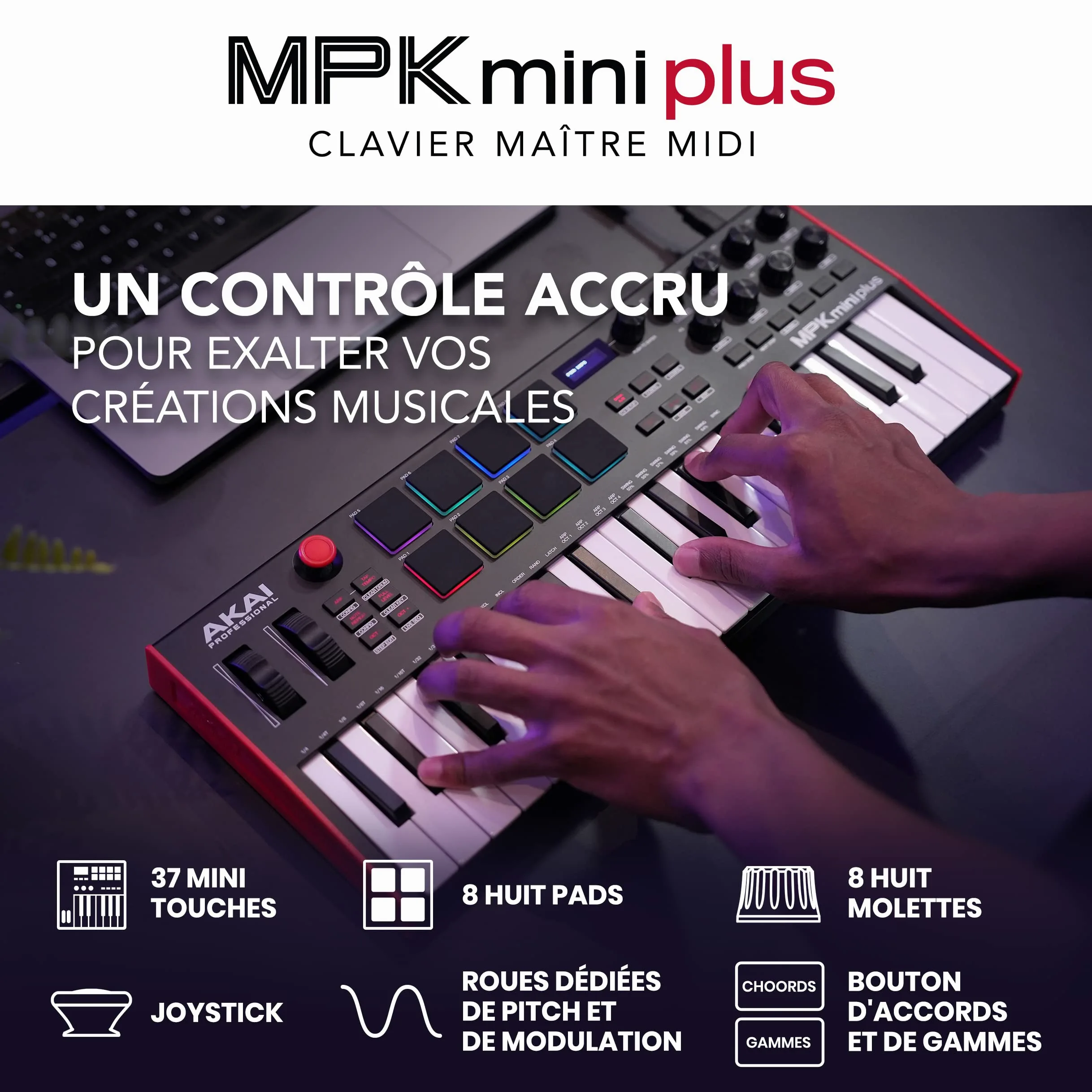 Akai Professional MPK Mini Plus - Clavier MIDI USB à 37 Touches avec Huit Pads MPC, Molettes, Logiciel de Production et Native Instruments Sound Package