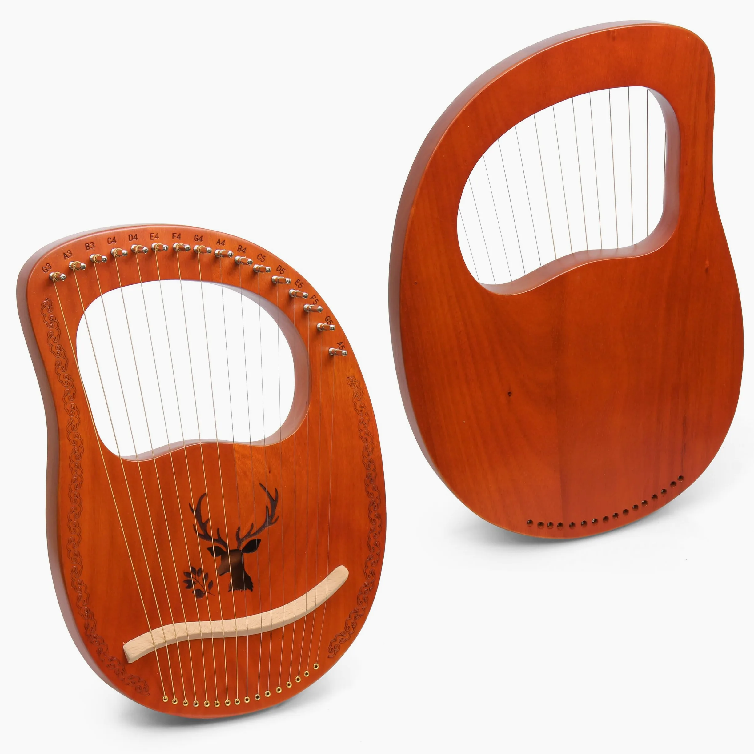 Lyre Harpe 16 Cordes Métalliques en Acajou Petite Harpe Portable Harpe Lyre Métal Selle avec Clé de Réglage et Housse Noire, Marron, Motif d'élan