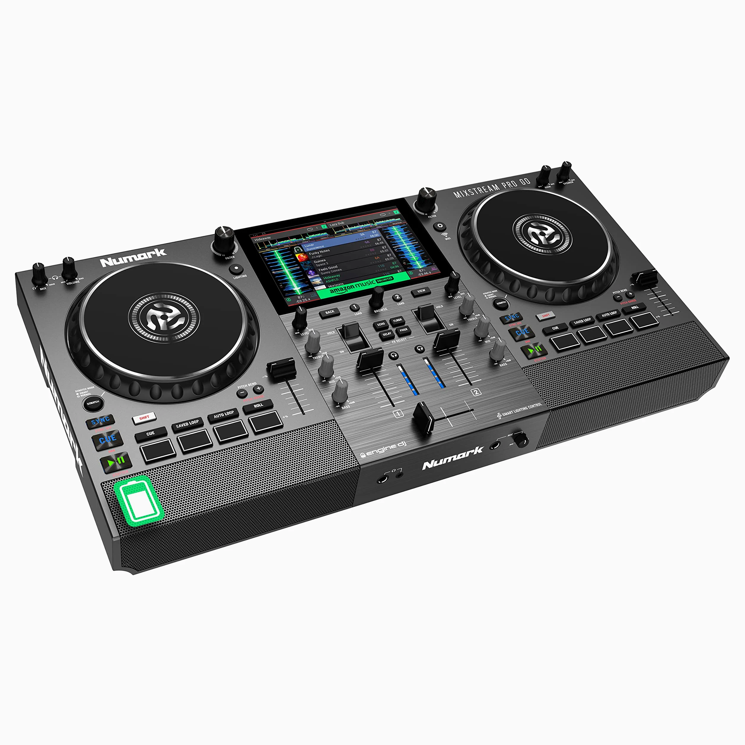 Numark Mixstream Pro Go contrôleur DJ portable à batterie, mixeur avec séparation Stems, haut-parleurs, Wi-Fi, écran tactile, compatible Serato DJ