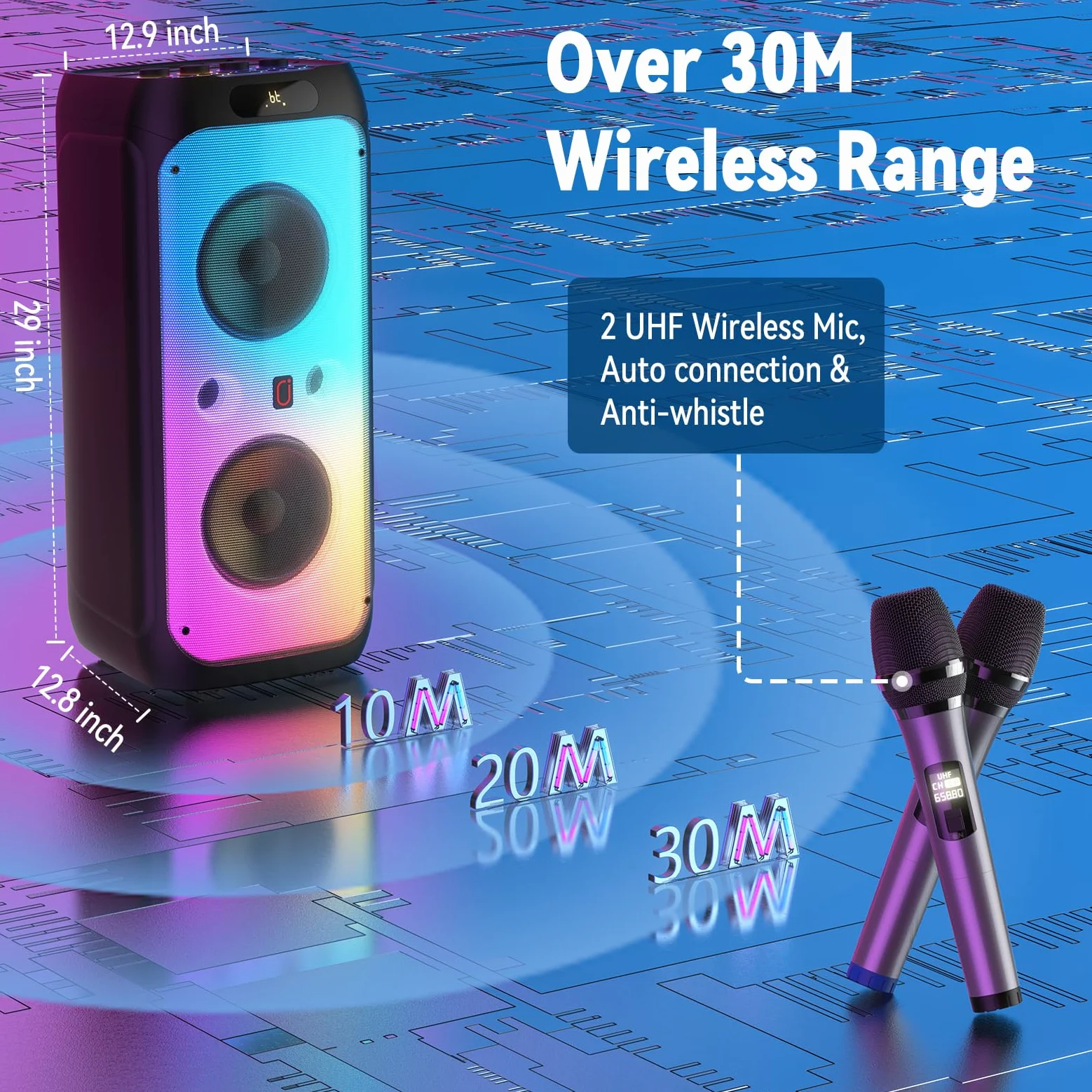 JYX Karaoke Machine with 2 Wireless Microphones for Adults, Karaoké Grand Format, 500W Large Karaoke Full Speaker with Party Lights, Portable Karaoke System Support TWS/AUX/FM/USB/TF Card