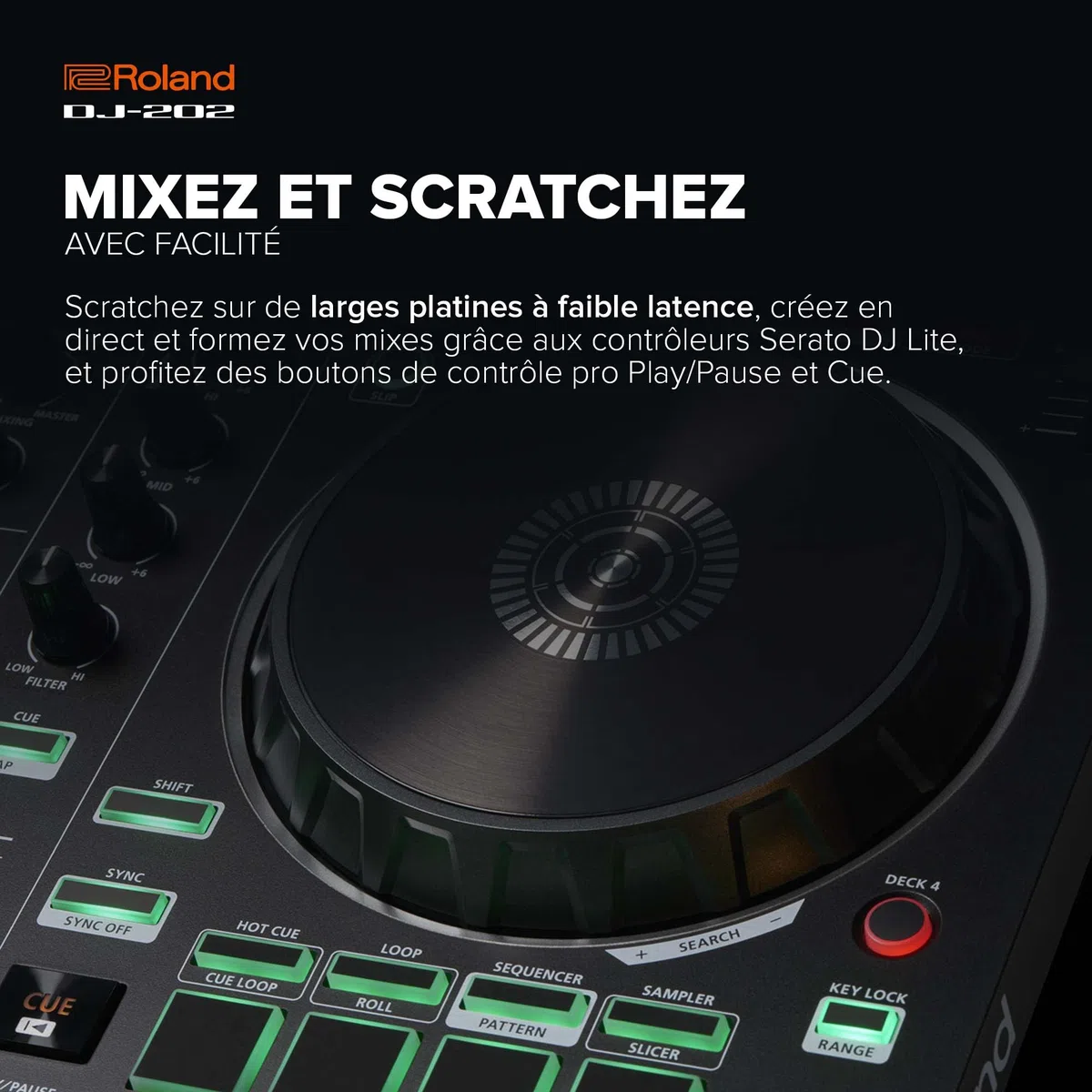 Roland DJ-202 | Contrôleur DJ compact | Contrôleur à 2 canaux et 4 decks pour Serato DJ Lite | De larges platines à faible latence | Les sons de batterie iconiques Roland | Compatible avec Spotify