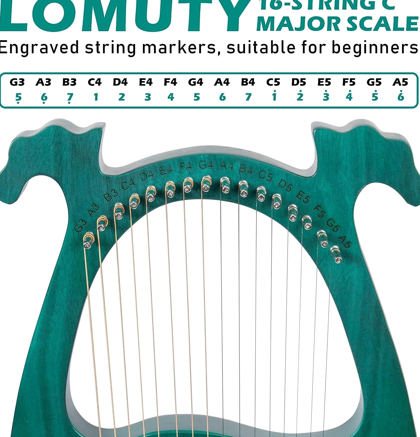 Lyre Harpe 16 Cordes Métalliques en Acajou Petite Harpe Portable Harpe Lyre Métal Selle avec Clé de Réglage et Housse Noire, Vert, Bois de Cerf