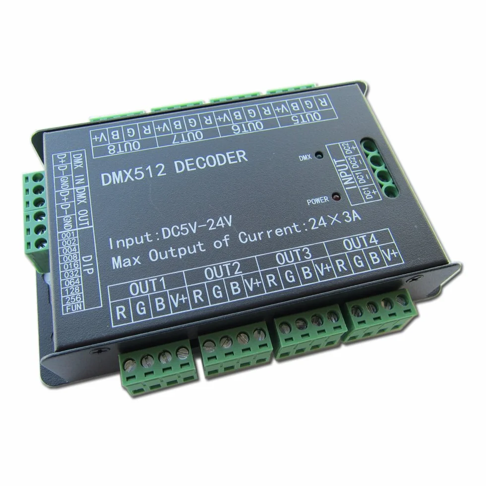 High Power 24 Channel RGB 3A/CH DMX512 Controller Led Decoder Dimmer 500Hz Flicker Free Smoother Dimming DMX Signal Indicator Flashes Function DC 5V-24V