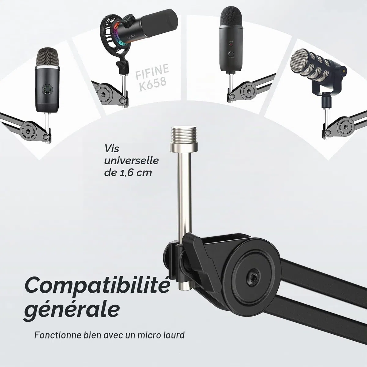 FIFINE Bras de Micro, Suspension Supports de Microphone, 3/8'' vers 5/8'' Vis Adaptateur, pour K658 AM8 K688 A8 et Autres Micros, pour Studio Enregistrement Vidéo