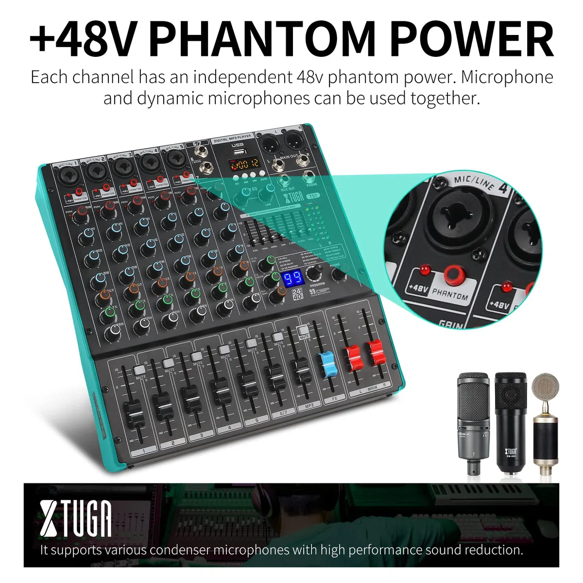 XTUGA Table de Mixage Mixeur Audio 7 Pistes, 99 Effets DSP, Alimentation Fantôme 48V Indépendante et Bouton Mute, Bluetooth, Interface USB d'enregistrement Pour Studio DJ Scène (TS7)