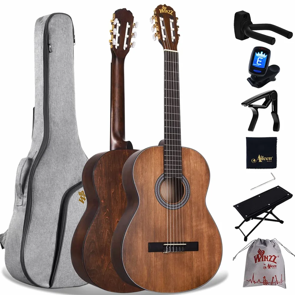 Winzz Guitare Classique Adulte Débutant, Guitare Classique 4/4 Nylon avec 7 Accessoires (39 Pouces, Marron Matte)